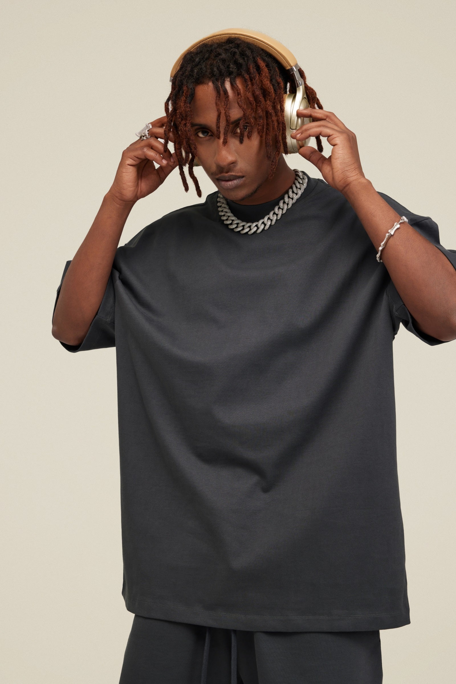 305GSM Unisex FOG Earth-Tone 20-Color Drop-Shoulder T-shirt Dark gray