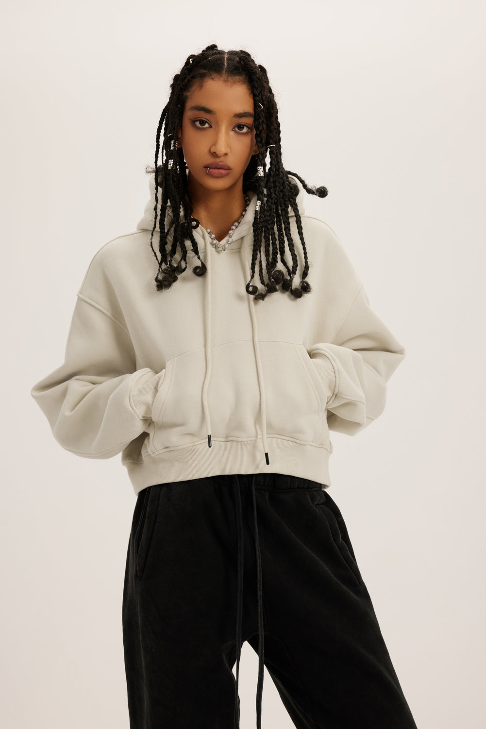 345GSM Women’s Heavyweight Cropped Fleece Hoodie Ash Beige