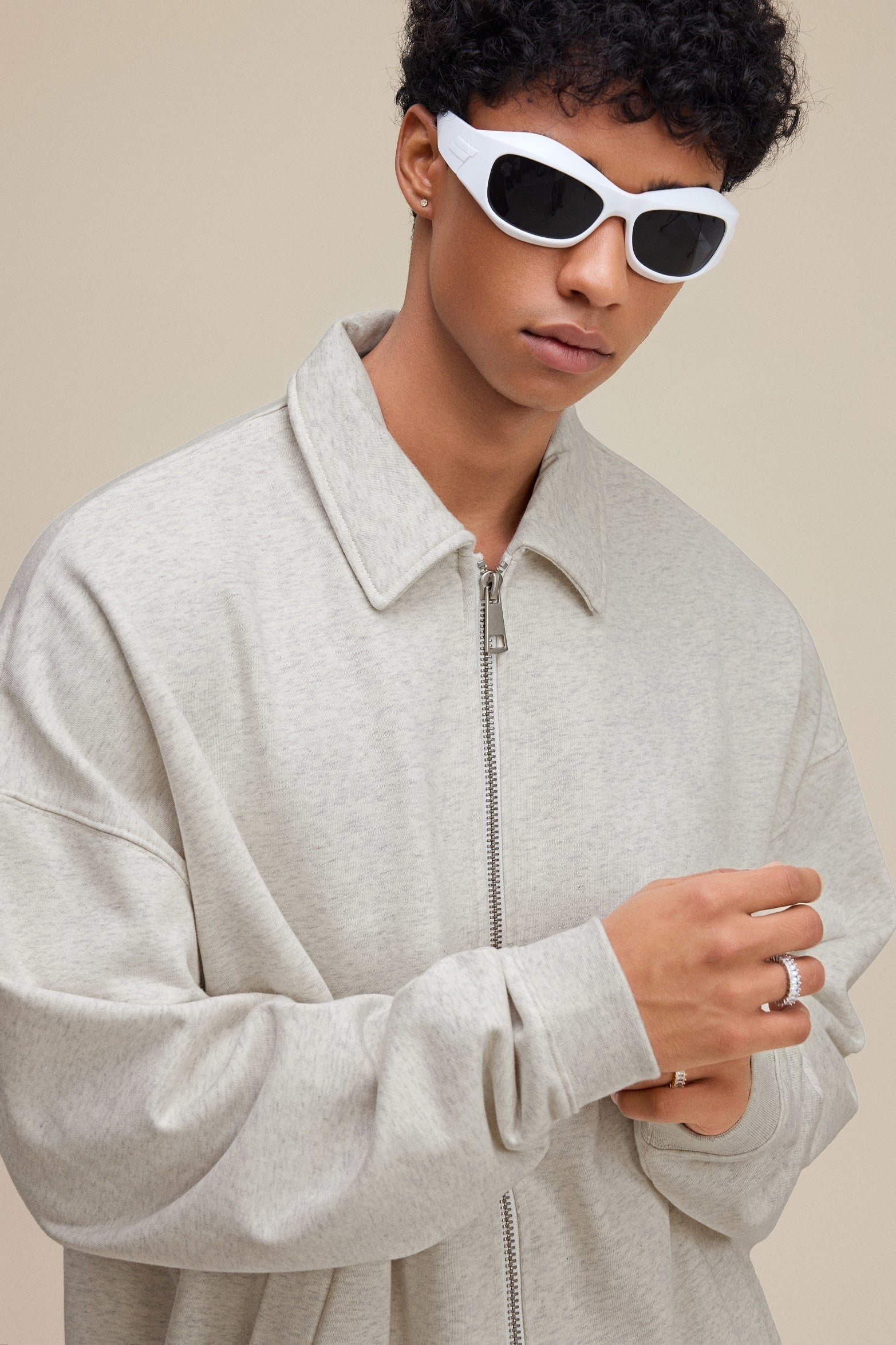 445GSM Unisex Heavyweight Zip-Up Collared Sweatshirt Oatmeal Grey