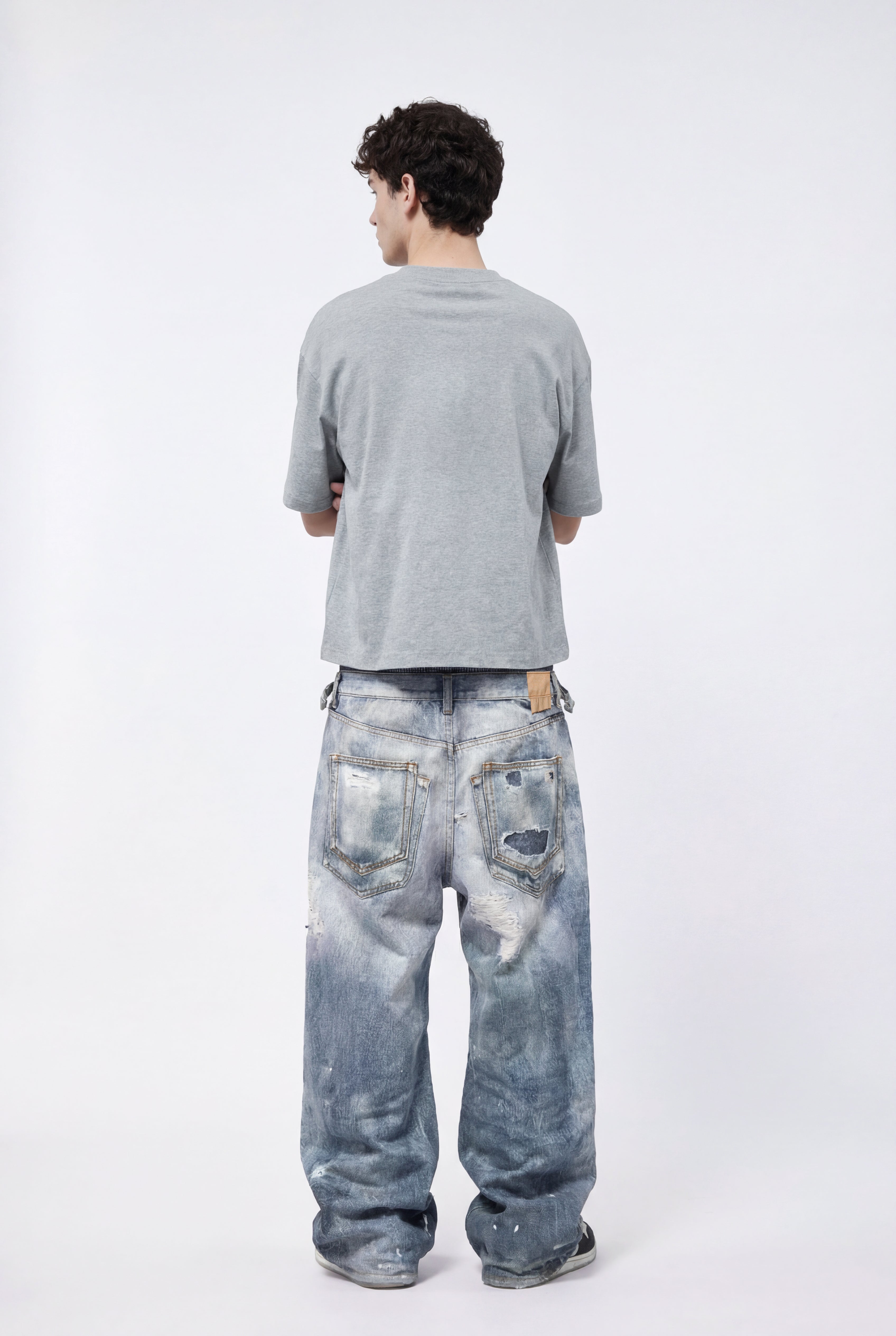 270GSM Men's Cotton Twill Denim Print Double Waist Loose Pants Blue