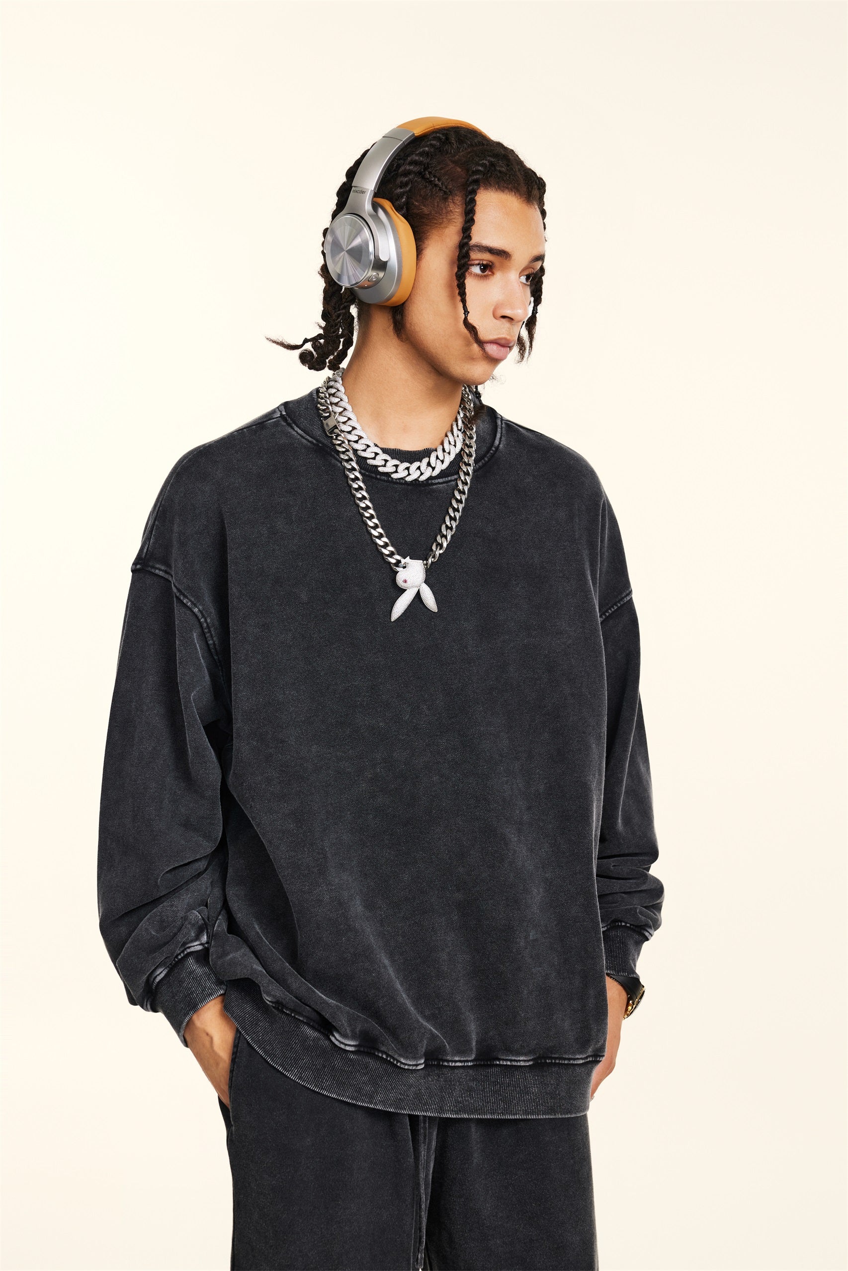 320GSM Unisex Vintage-Wash Crew Neck Loopback Sweatshirt Snow Wash