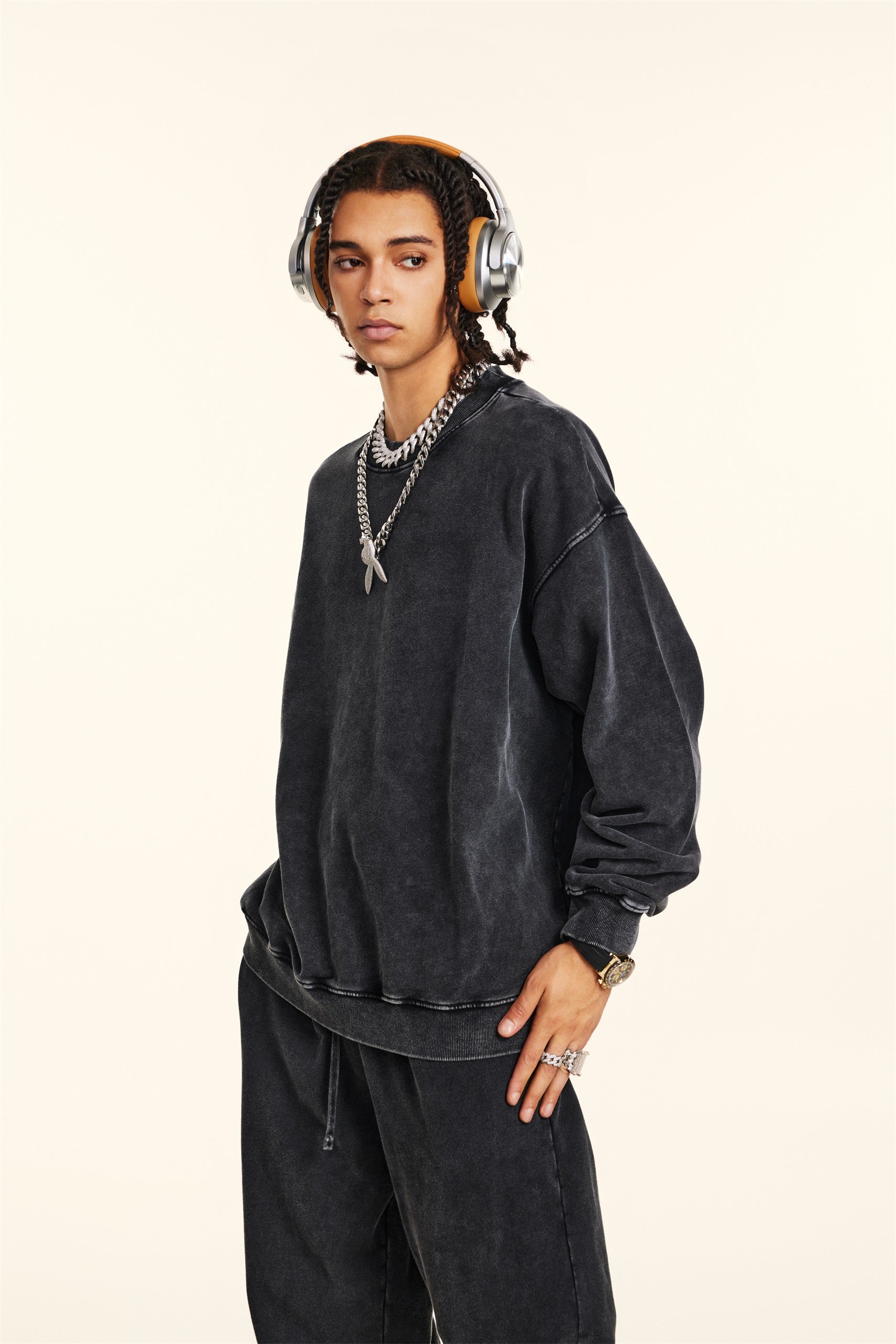 320GSM Unisex Vintage-Wash Crew Neck Loopback Sweatshirt Snow Wash