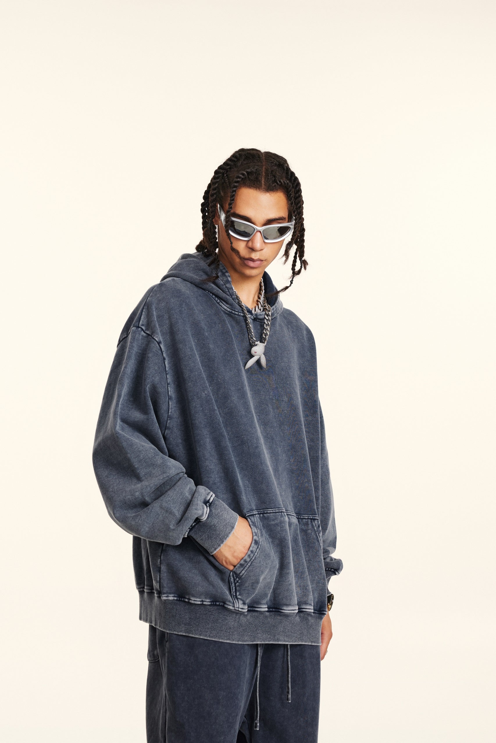 420GSM Women’s Heavyweight Fried-Color Snow-Wash Hoodie Dark blue