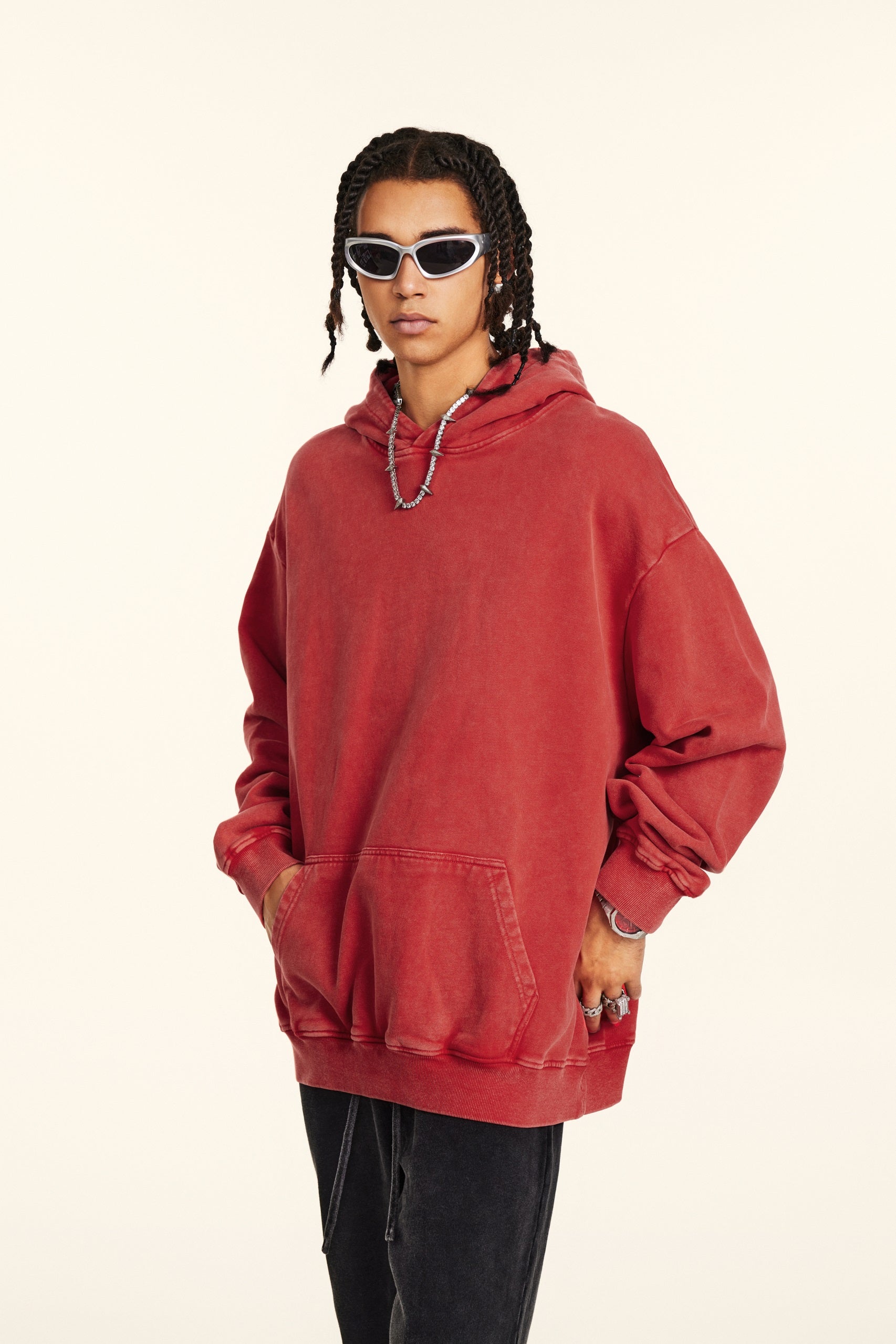 420GSM Women’s Heavyweight Fried-Color Snow-Wash Hoodie Red