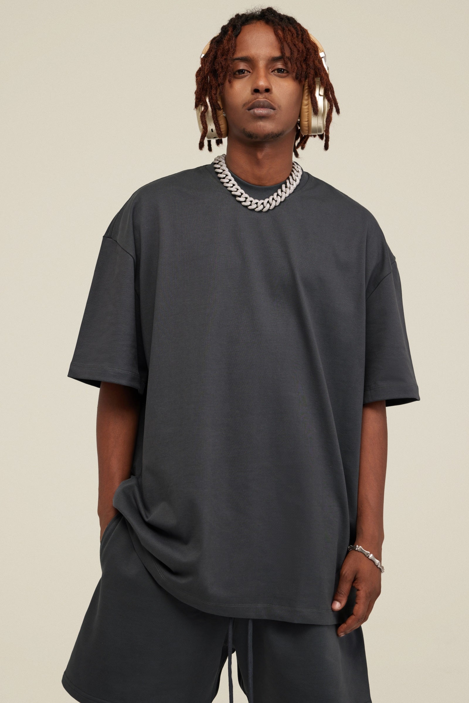 305GSM Unisex FOG Earth-Tone 20-Color Drop-Shoulder T-shirt Dark gray