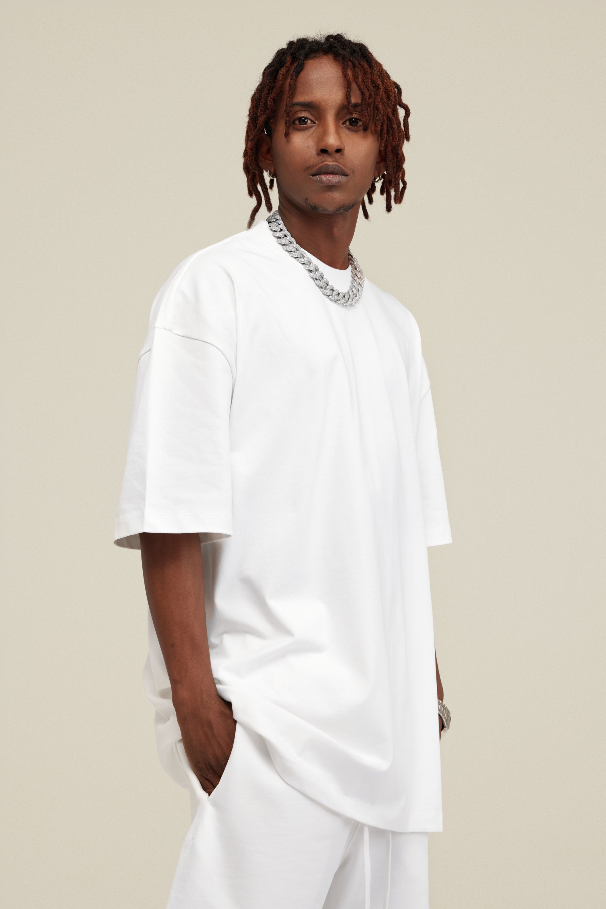 305GSM Unisex FOG Earth-Tone 20-Color Drop-Shoulder T-shirt White