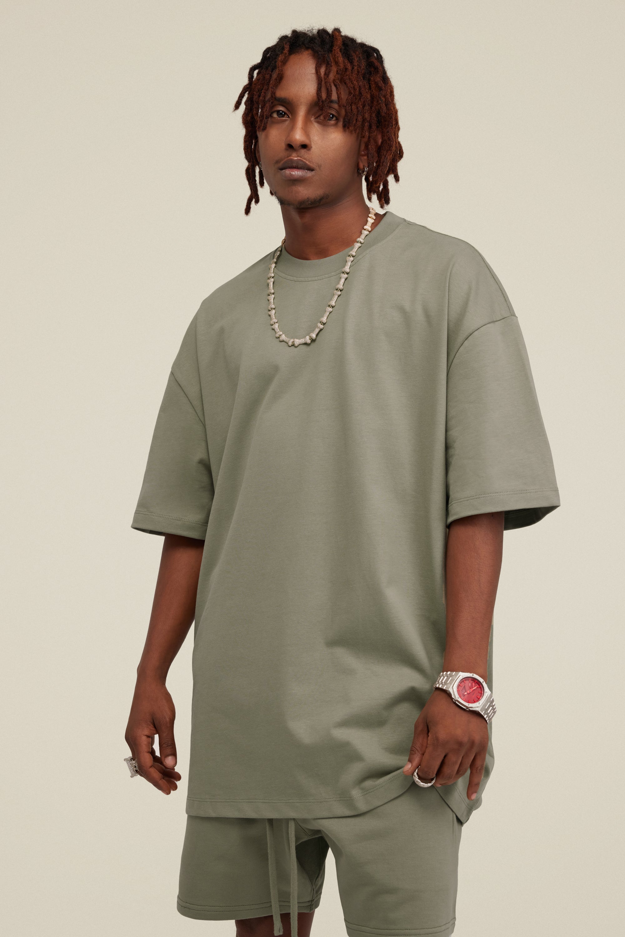 305GSM Unisex FOG Earth-Tone 20-Color Drop-Shoulder T-shirt Light Green