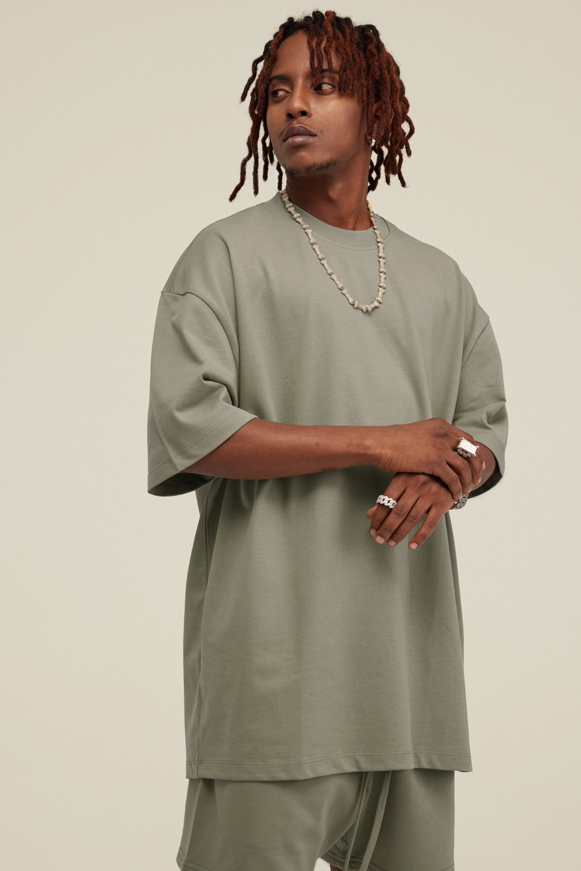 305GSM Unisex FOG Earth-Tone 20-Color Drop-Shoulder T-shirt Light Green
