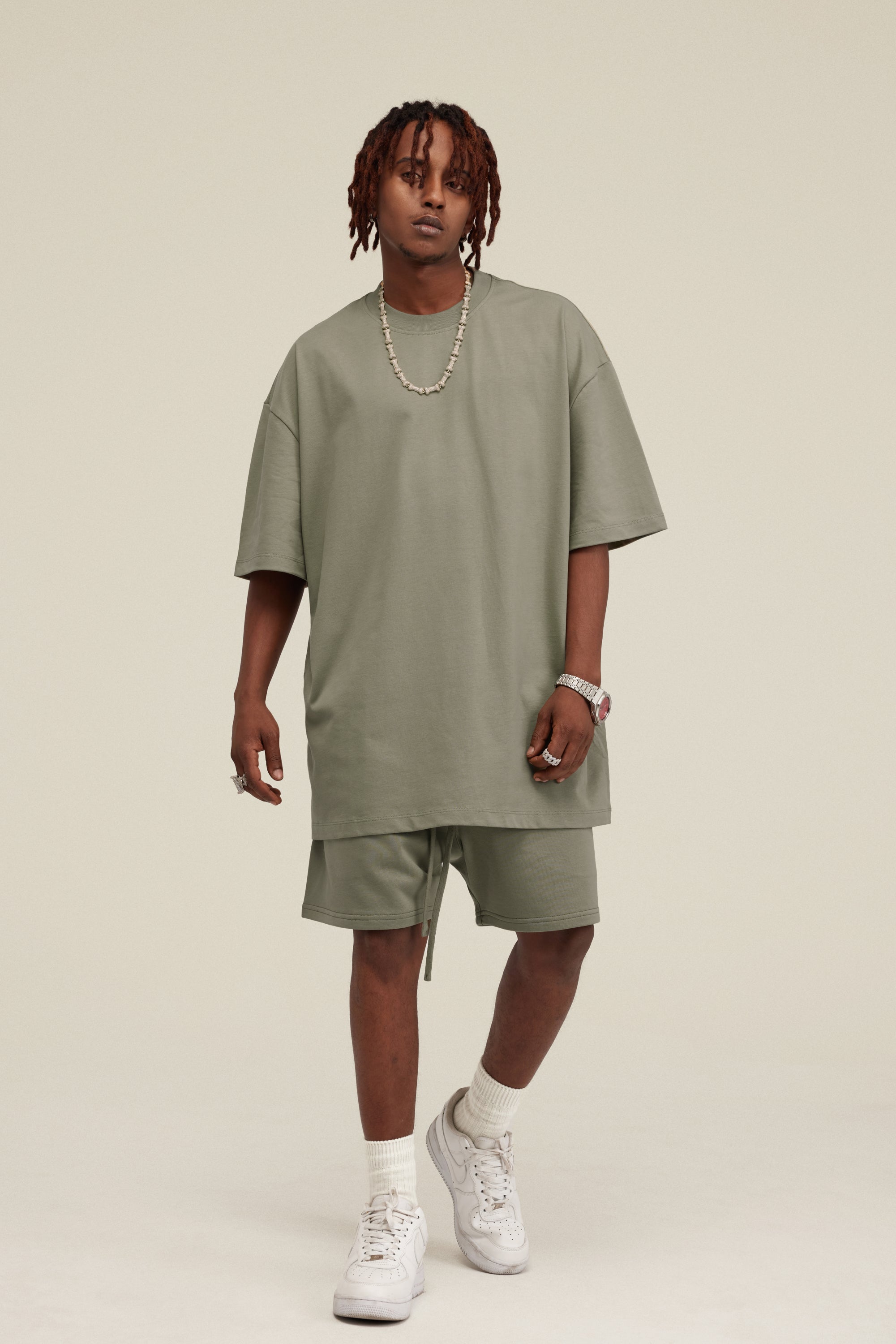 305GSM Unisex FOG Earth-Tone 20-Color Drop-Shoulder T-shirt Light Green
