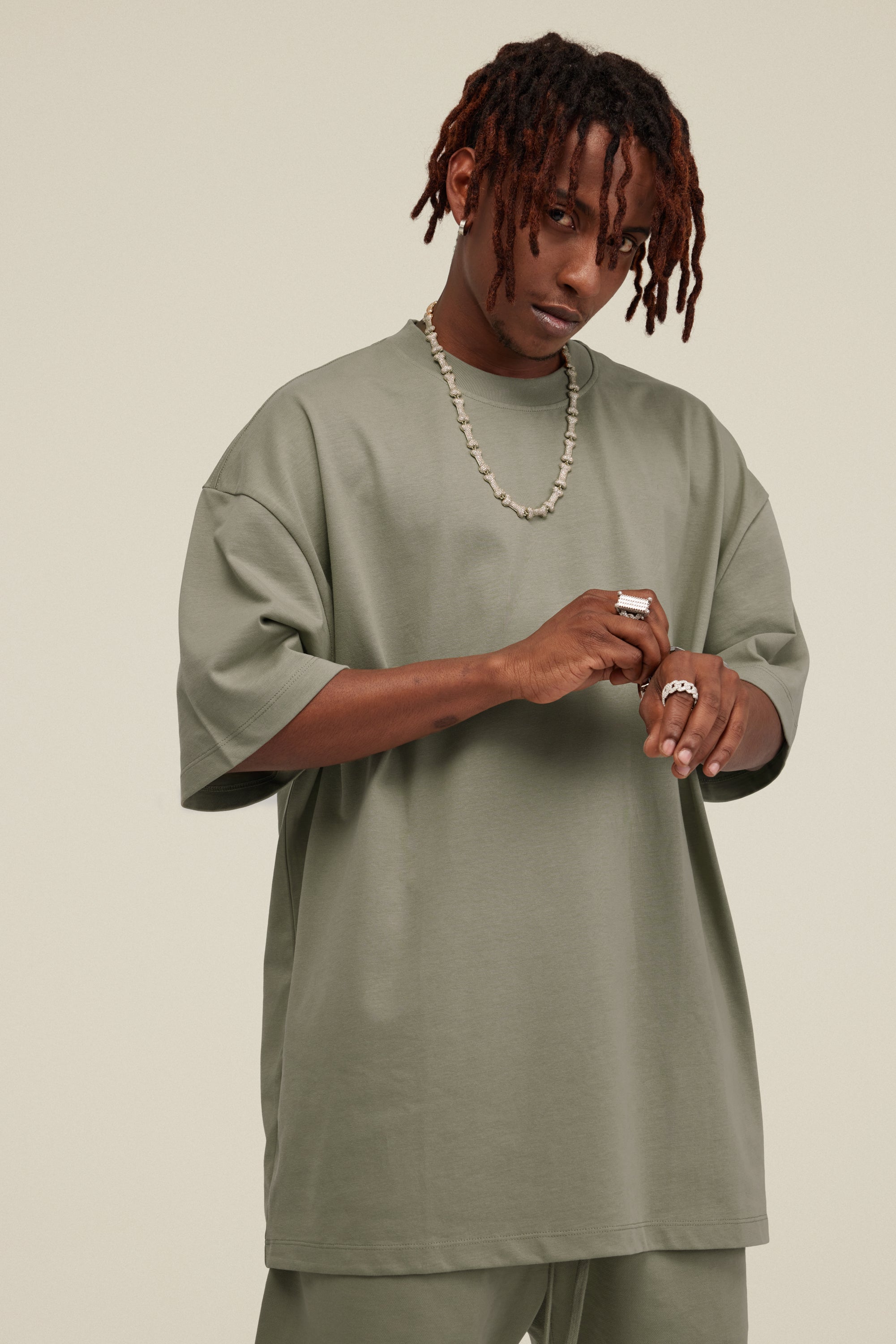 305GSM Unisex FOG Earth-Tone 20-Color Drop-Shoulder T-shirt Light Green