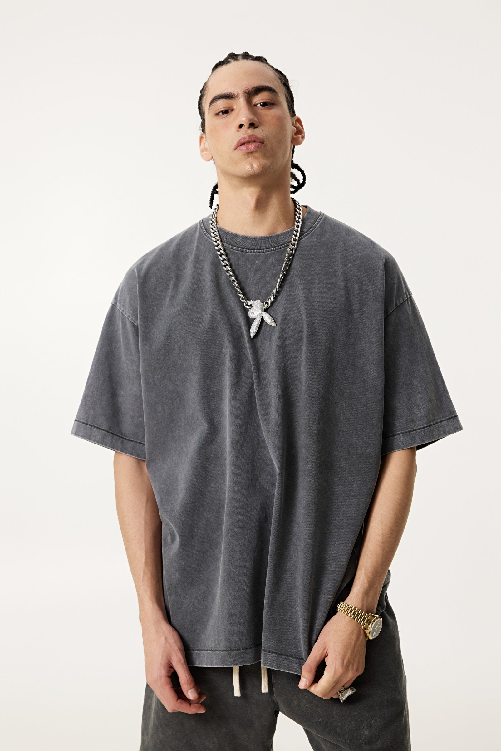 285GSM Unisex Distressed Snow-Wash Batik Plain Fabric T-shirt Dark gray