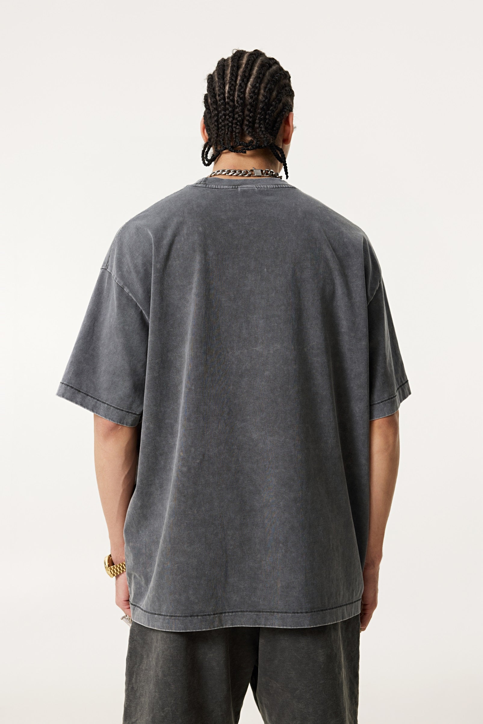 285GSM Unisex Distressed Snow-Wash Batik Plain Fabric T-shirt Dark gray