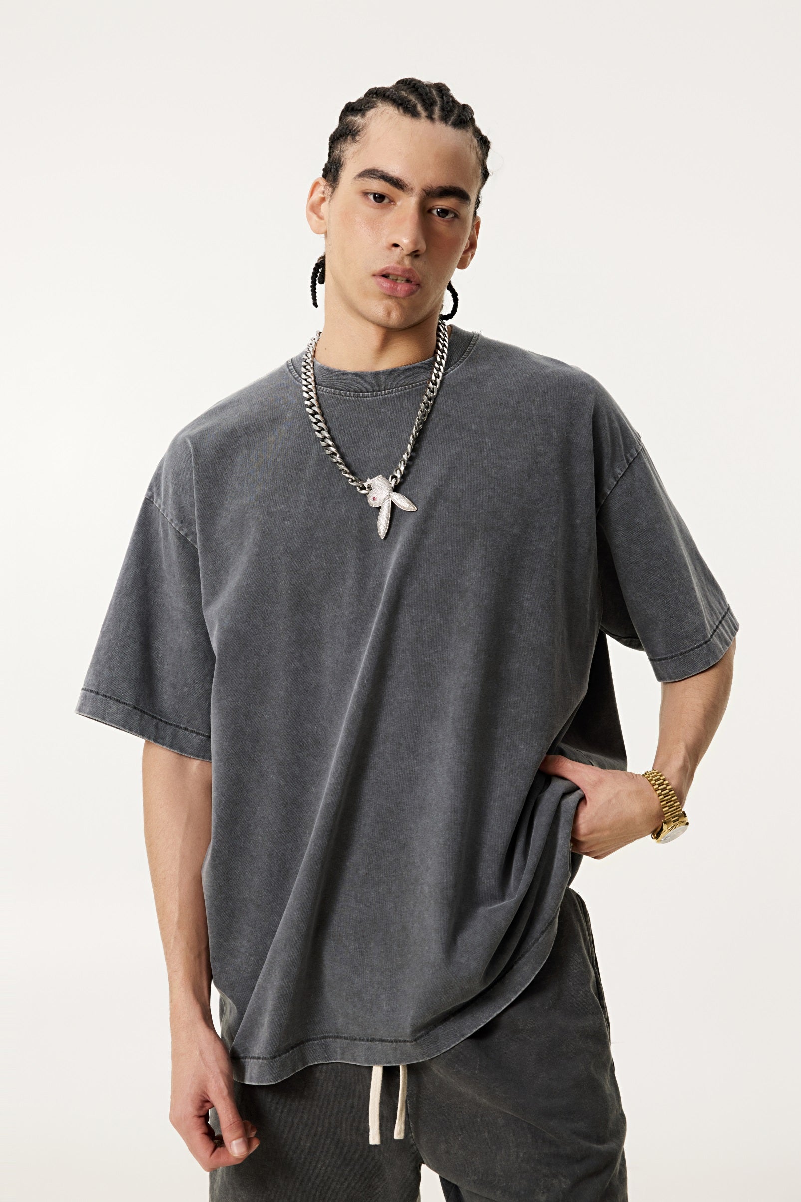 285GSM Unisex Distressed Snow-Wash Batik Plain Fabric T-shirt Dark gray