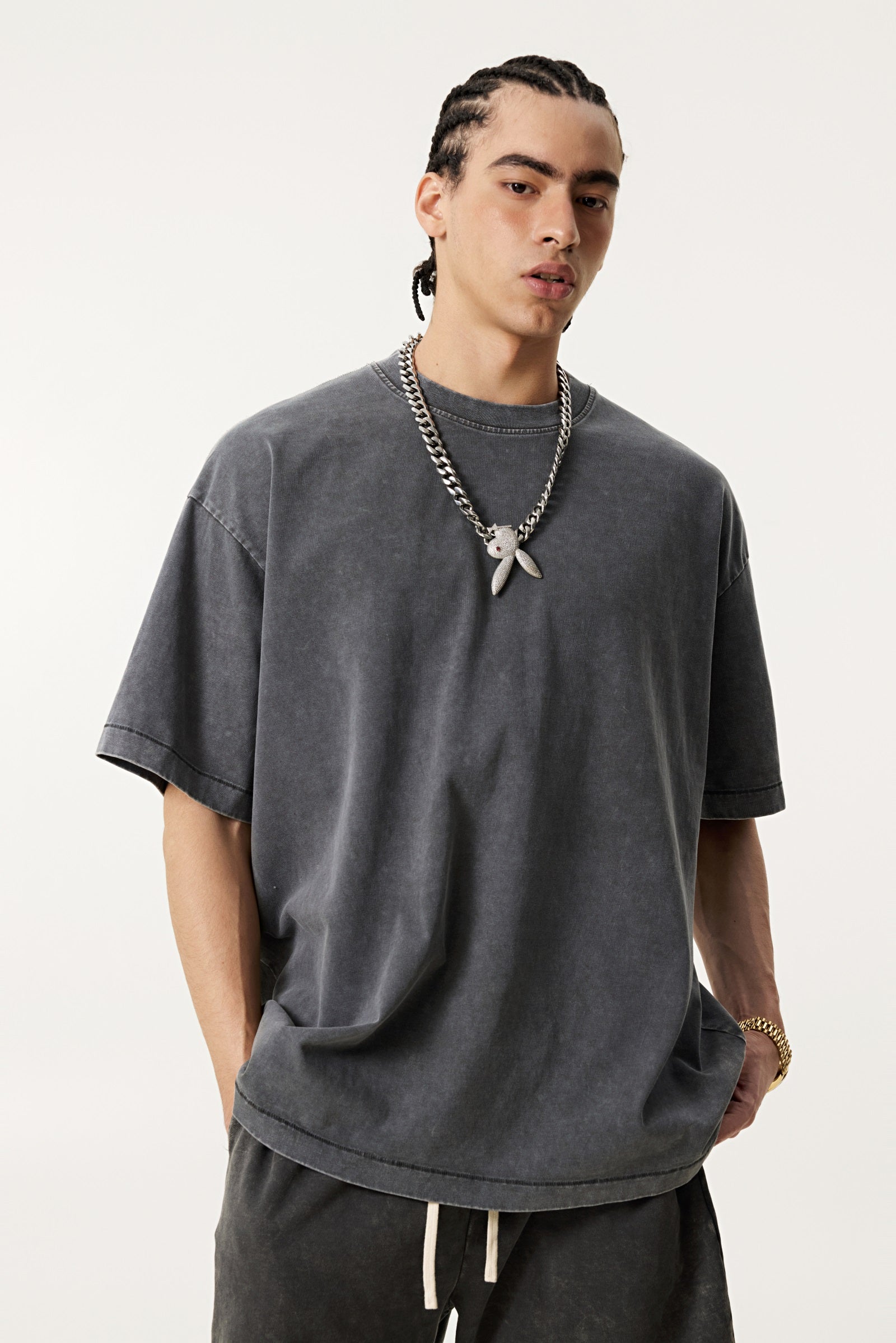 285GSM Unisex Distressed Snow-Wash Batik Plain Fabric T-shirt Dark gray