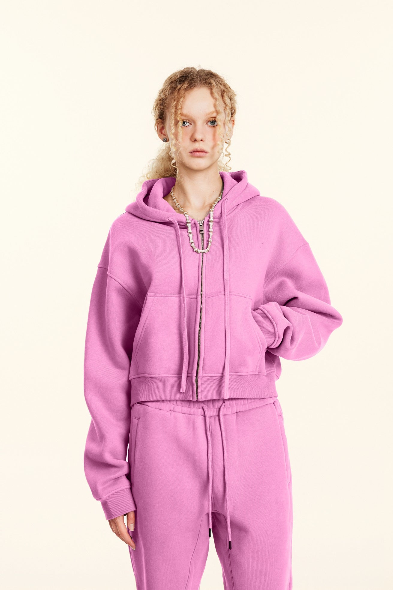 345GSM Women’s Cropped Fleece-Lined Zip-Up Hoodie Rose Pink