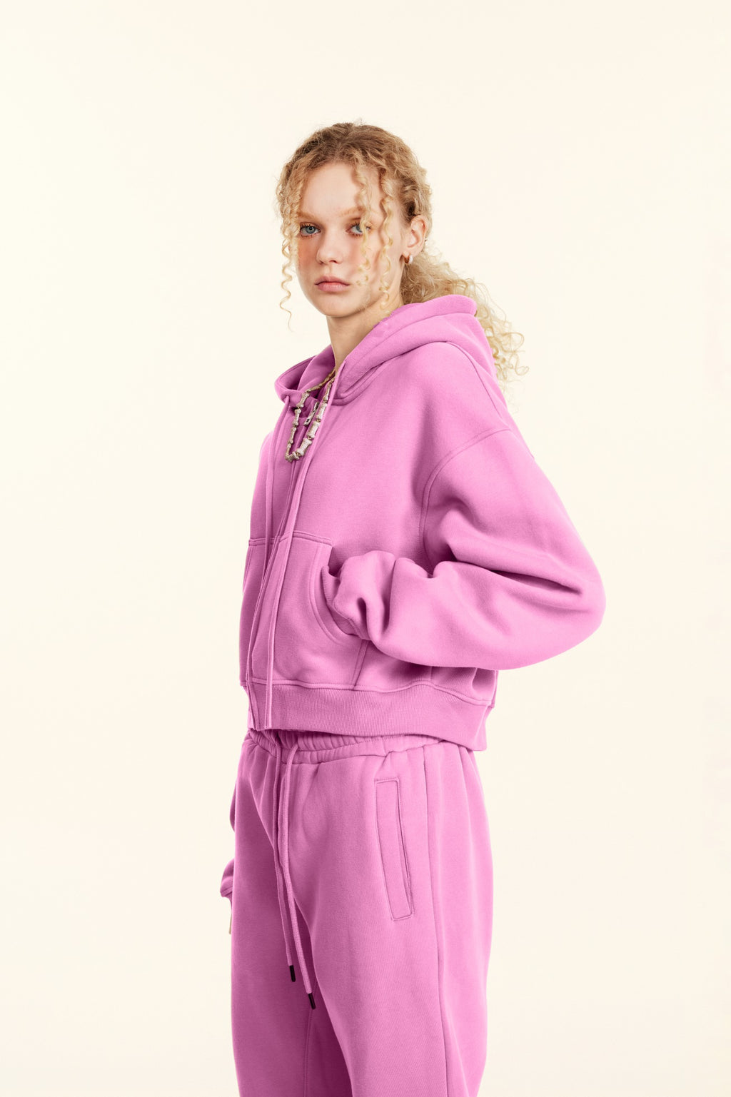 345GSM Women’s Cropped Fleece-Lined Zip-Up Hoodie Rose Pink