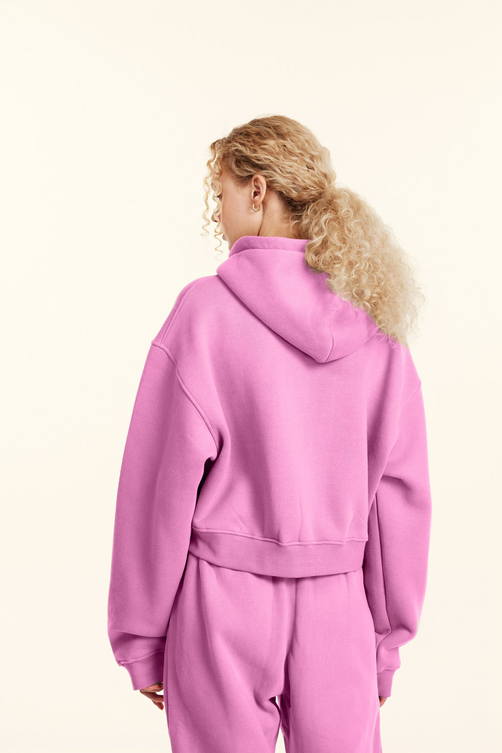 345GSM Women’s Cropped Fleece-Lined Zip-Up Hoodie Rose Pink