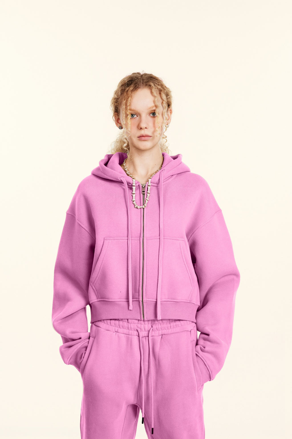 345GSM Women’s Cropped Fleece-Lined Zip-Up Hoodie Rose Pink