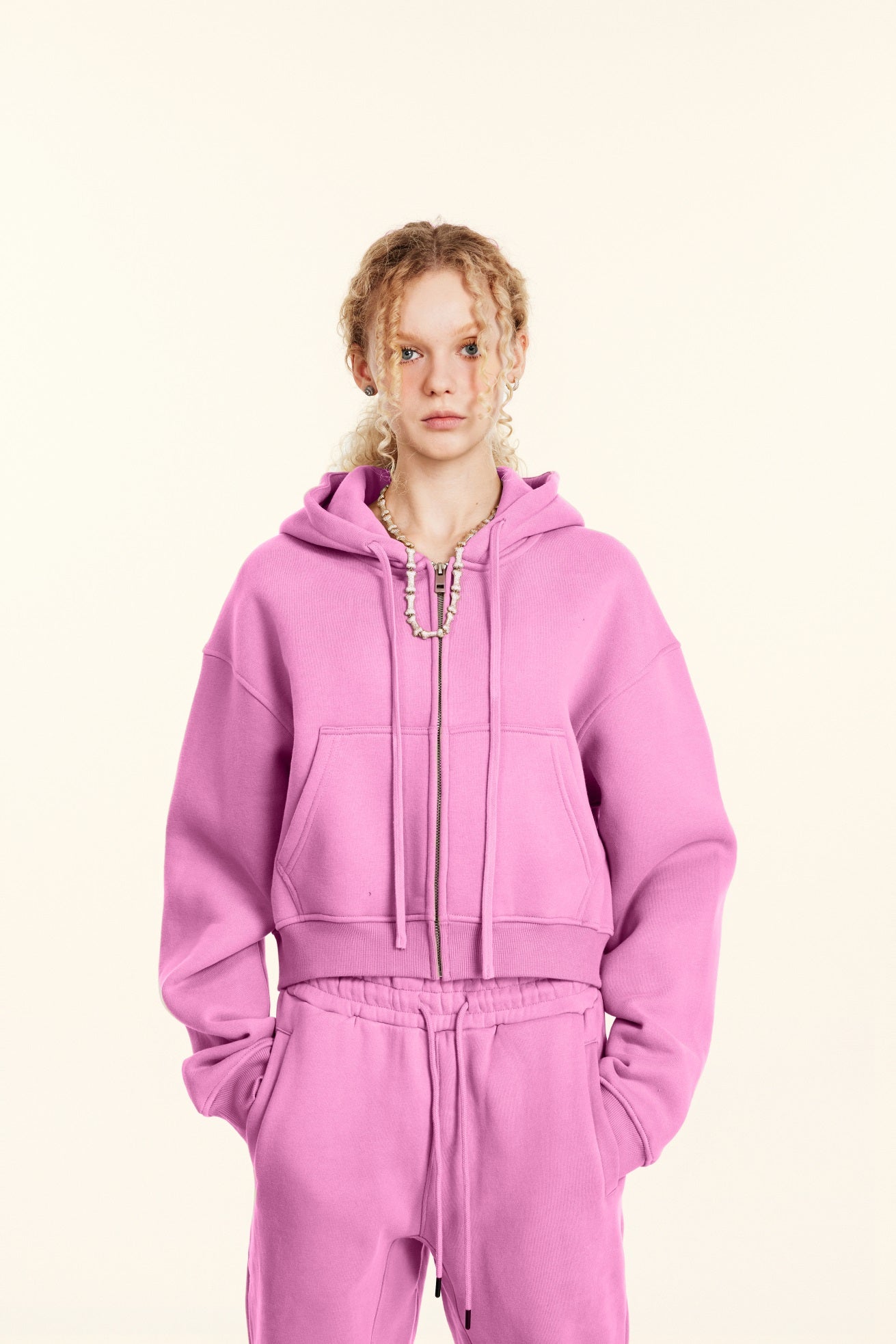 345GSM Women’s Cropped Fleece-Lined Zip-Up Hoodie Rose Pink