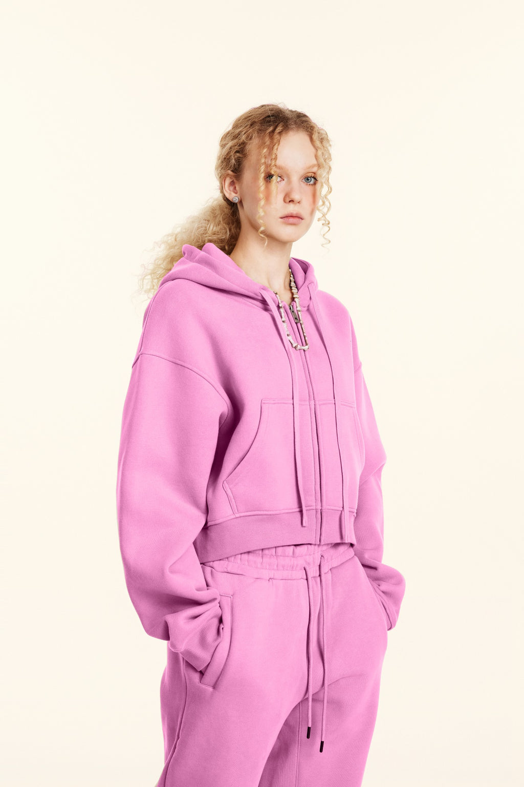 345GSM Women’s Cropped Fleece-Lined Zip-Up Hoodie Rose Pink