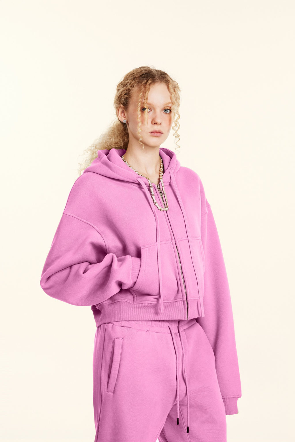 345GSM Women’s Cropped Fleece-Lined Zip-Up Hoodie Rose Pink