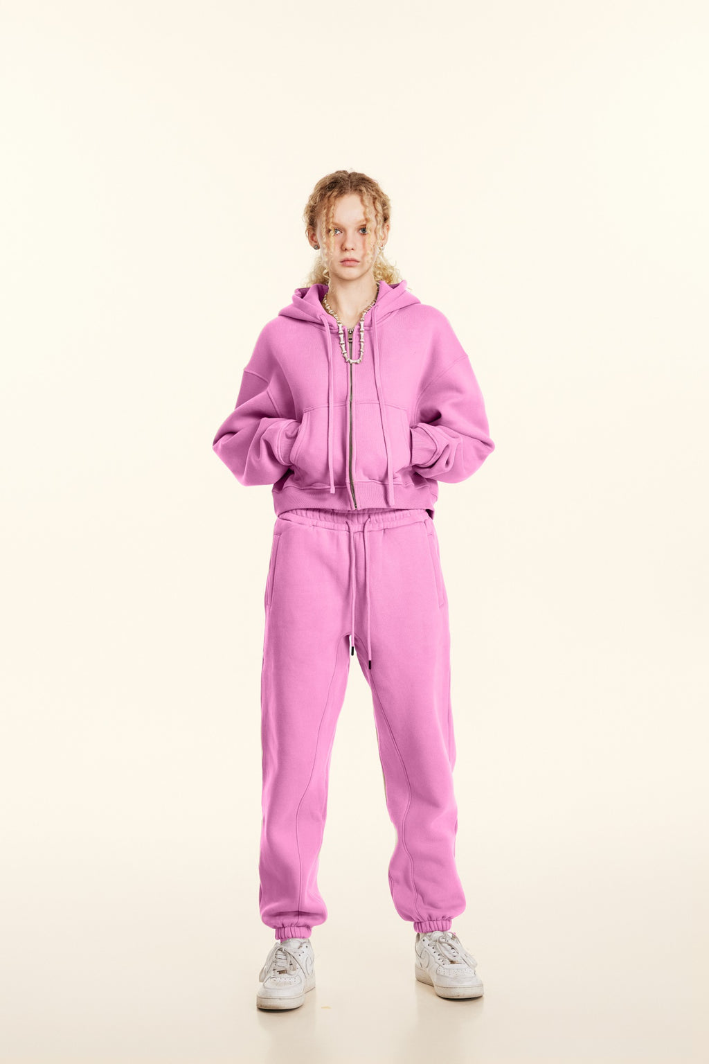 345GSM Women’s Cropped Fleece-Lined Zip-Up Hoodie Rose Pink