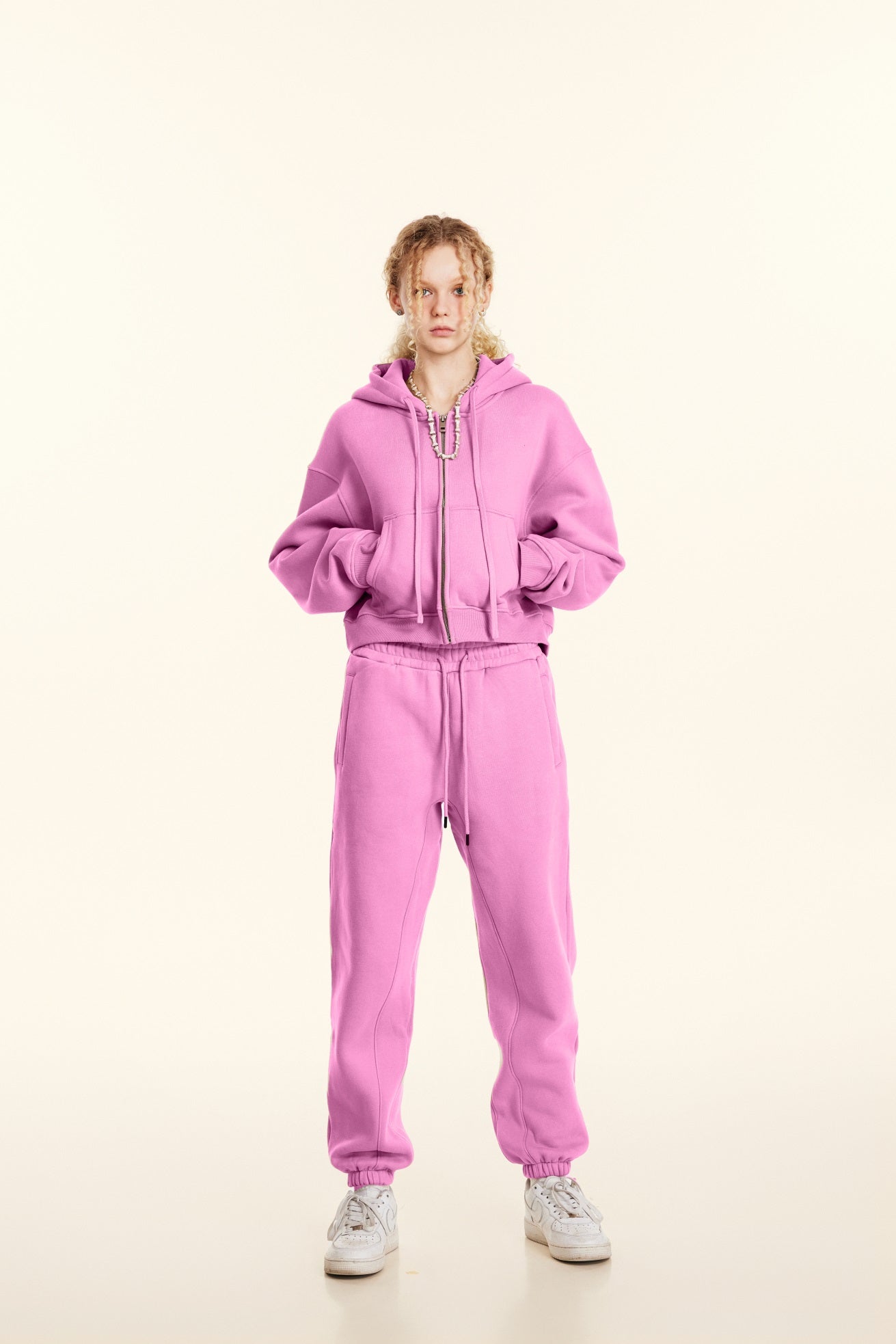 345GSM Women’s Cropped Fleece-Lined Zip-Up Hoodie Rose Pink