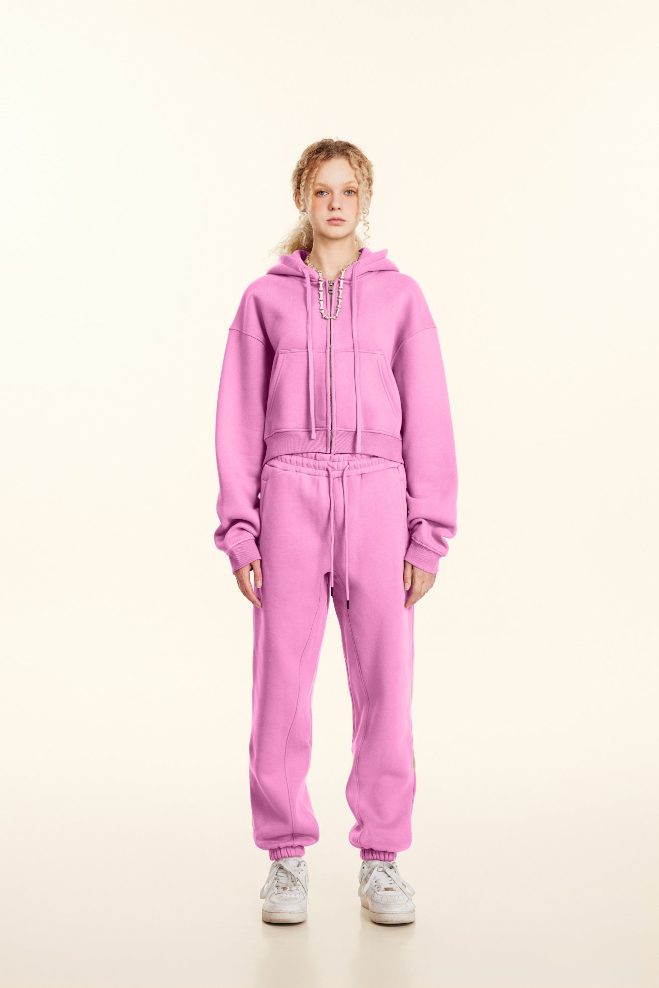 345GSM Women’s Cropped Fleece-Lined Zip-Up Hoodie Rose Pink