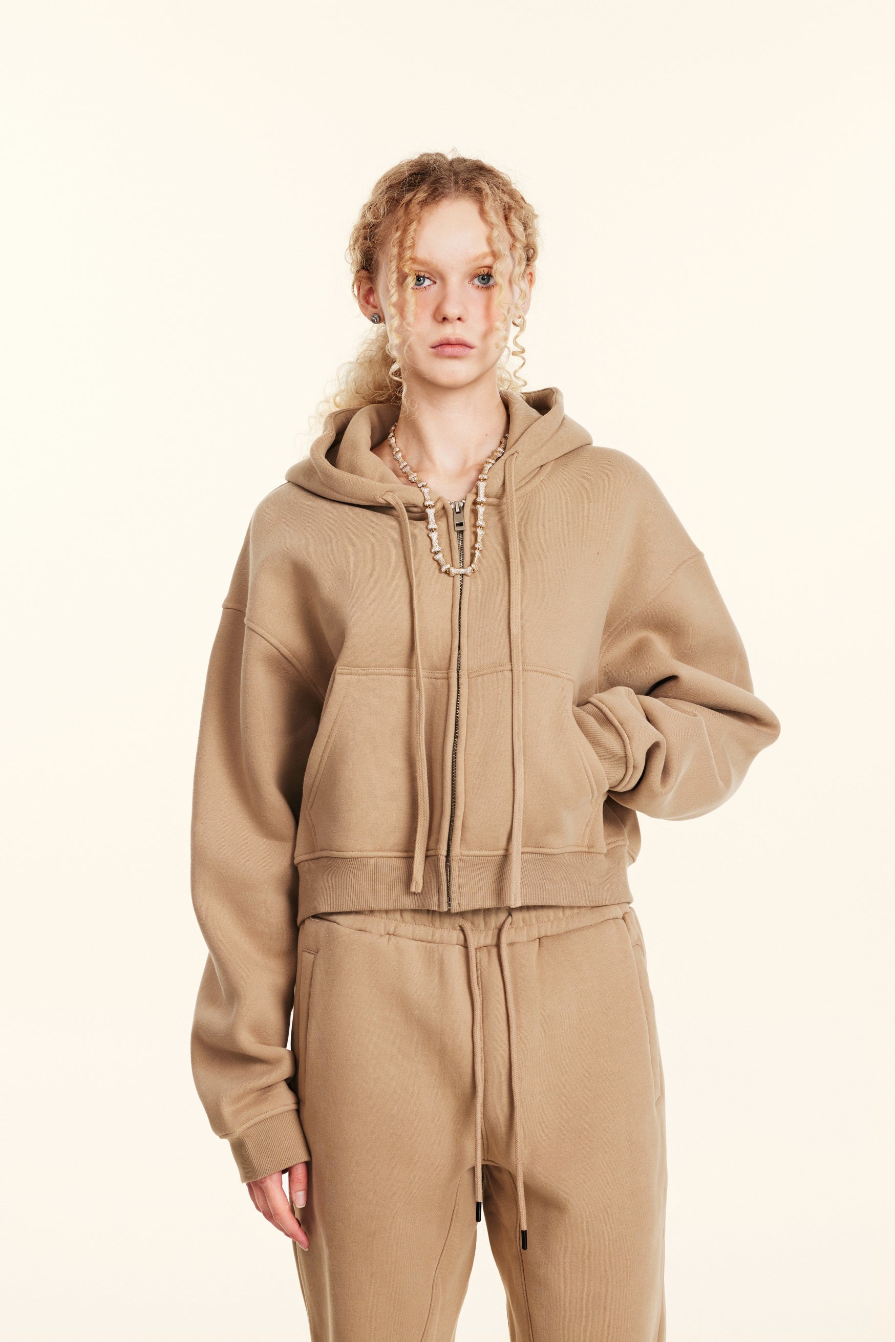 345GSM Women’s Cropped Fleece-Lined Zip-Up Hoodie Khaki