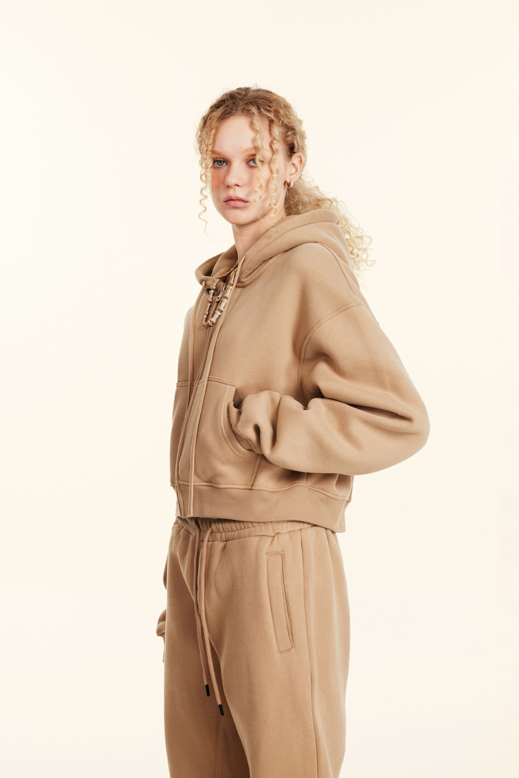345GSM Women’s Cropped Fleece-Lined Zip-Up Hoodie Khaki