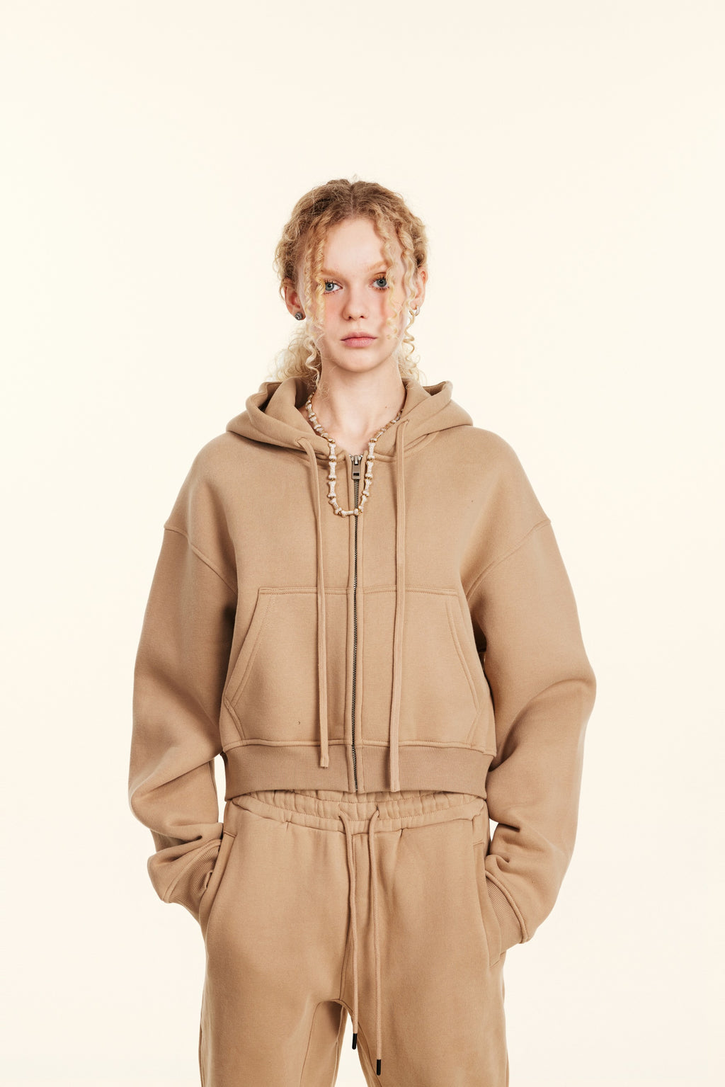 345GSM Women’s Cropped Fleece-Lined Zip-Up Hoodie Khaki