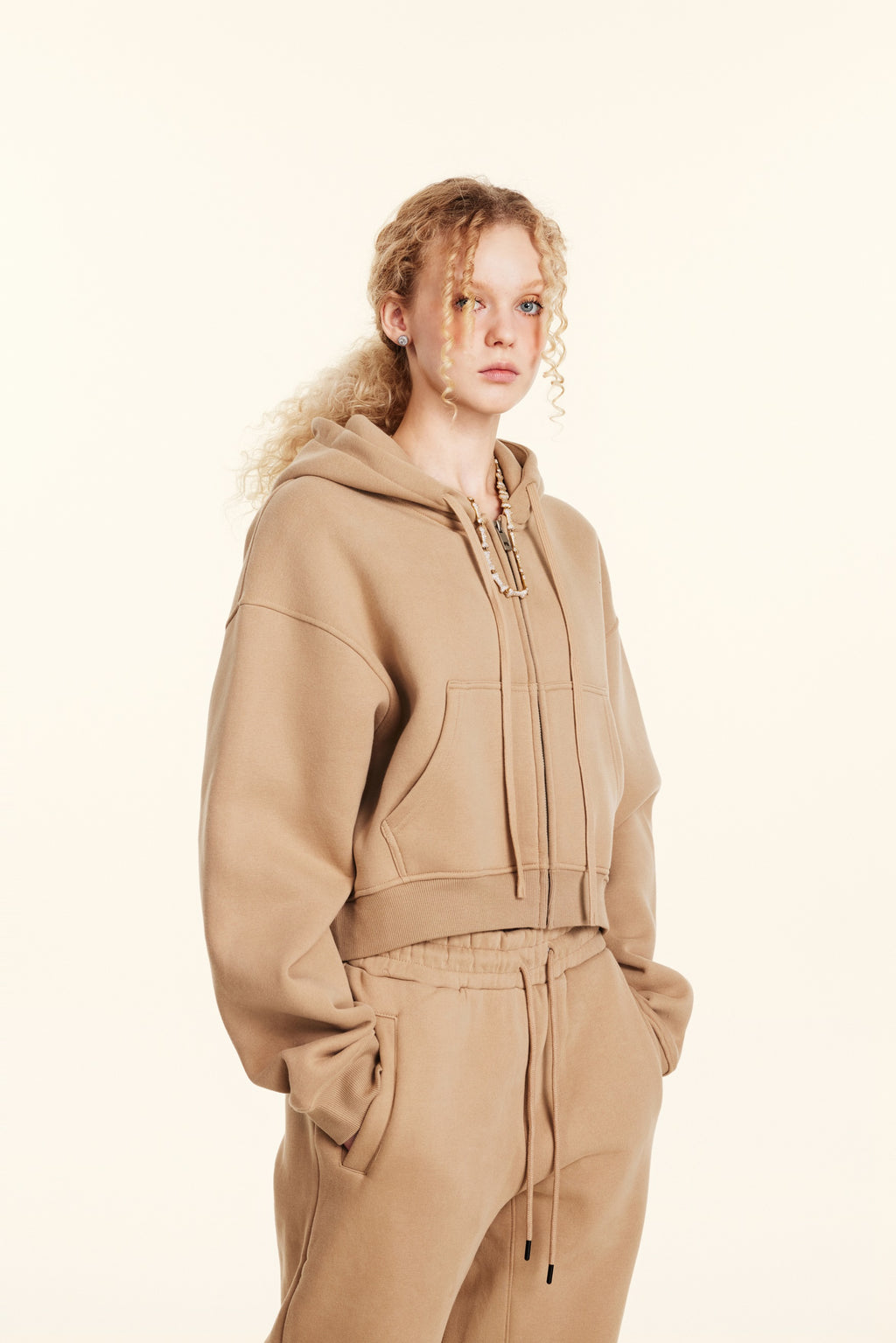 345GSM Women’s Cropped Fleece-Lined Zip-Up Hoodie Khaki