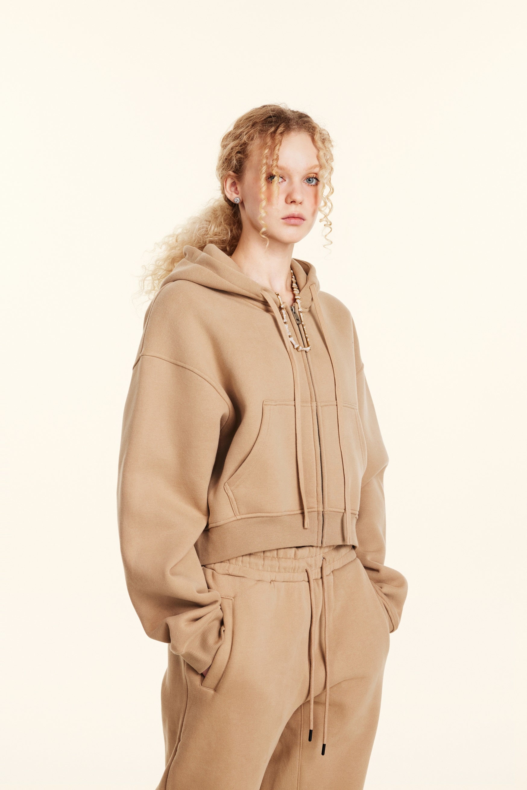 345GSM Women’s Cropped Fleece-Lined Zip-Up Hoodie Khaki