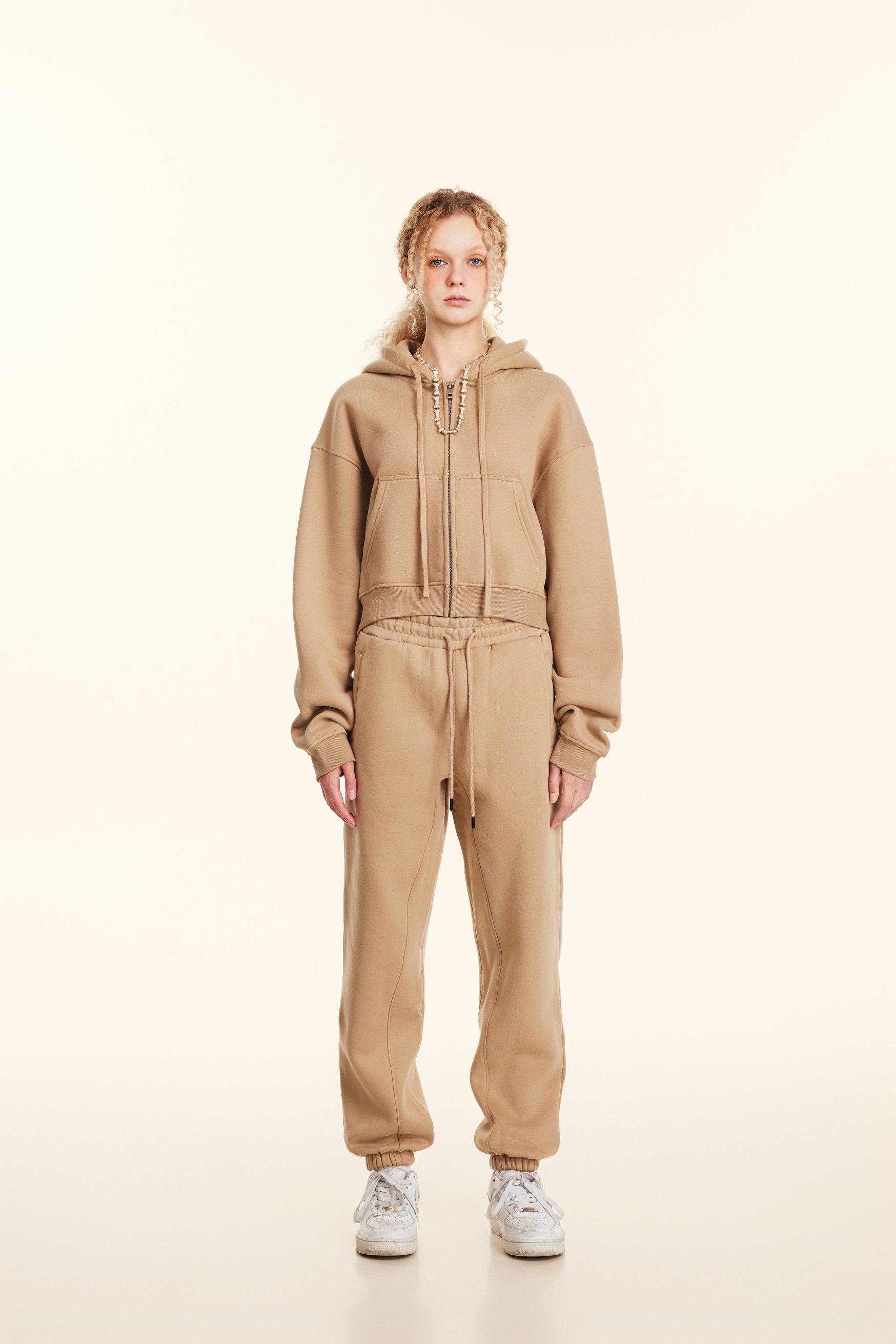 345GSM Women’s Cropped Fleece-Lined Zip-Up Hoodie Khaki