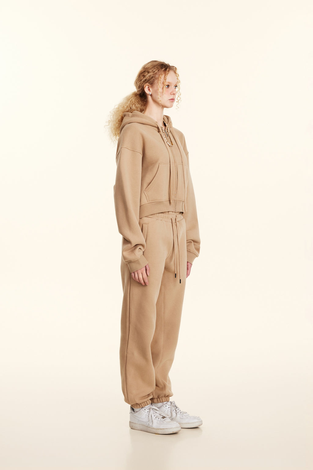 345GSM Women’s Cropped Fleece-Lined Zip-Up Hoodie Khaki