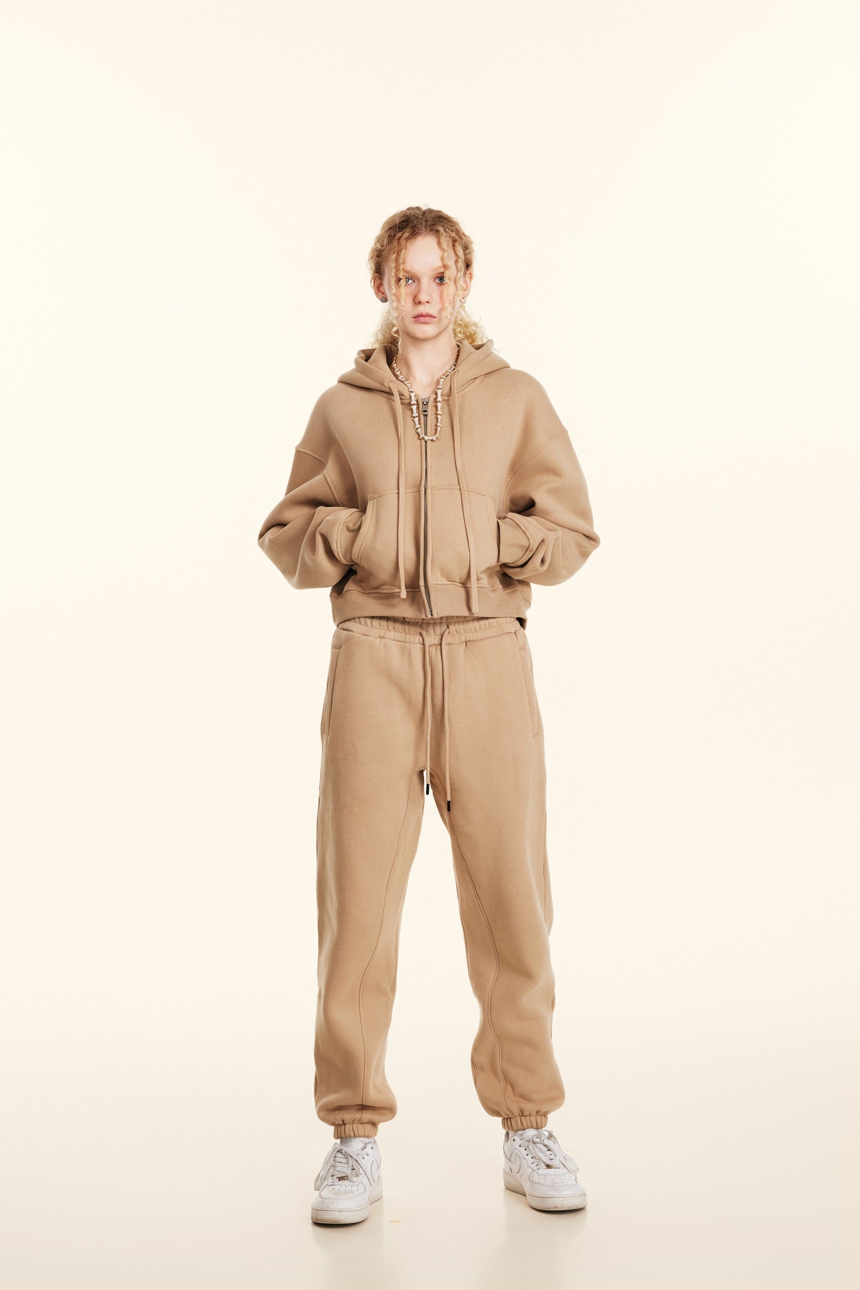 345GSM Women’s Cropped Fleece-Lined Zip-Up Hoodie Khaki