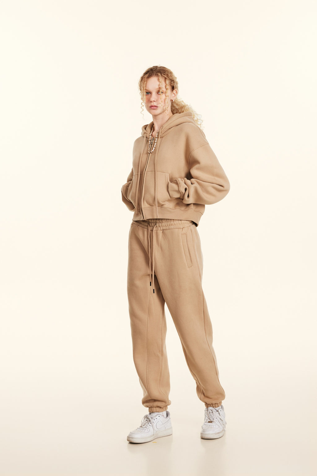 345GSM Women’s Cropped Fleece-Lined Zip-Up Hoodie Khaki