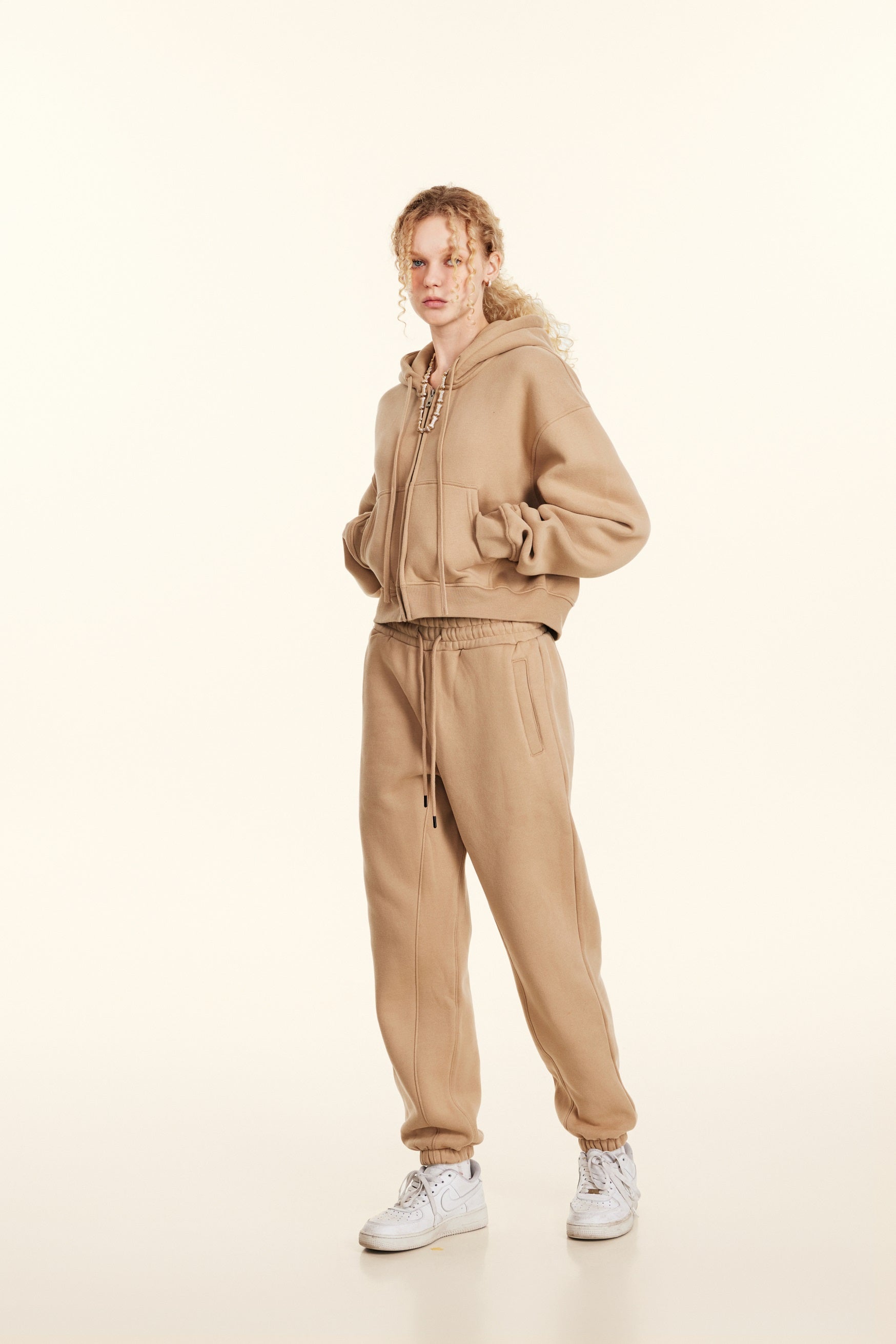 345GSM Women’s Cropped Fleece-Lined Zip-Up Hoodie Khaki