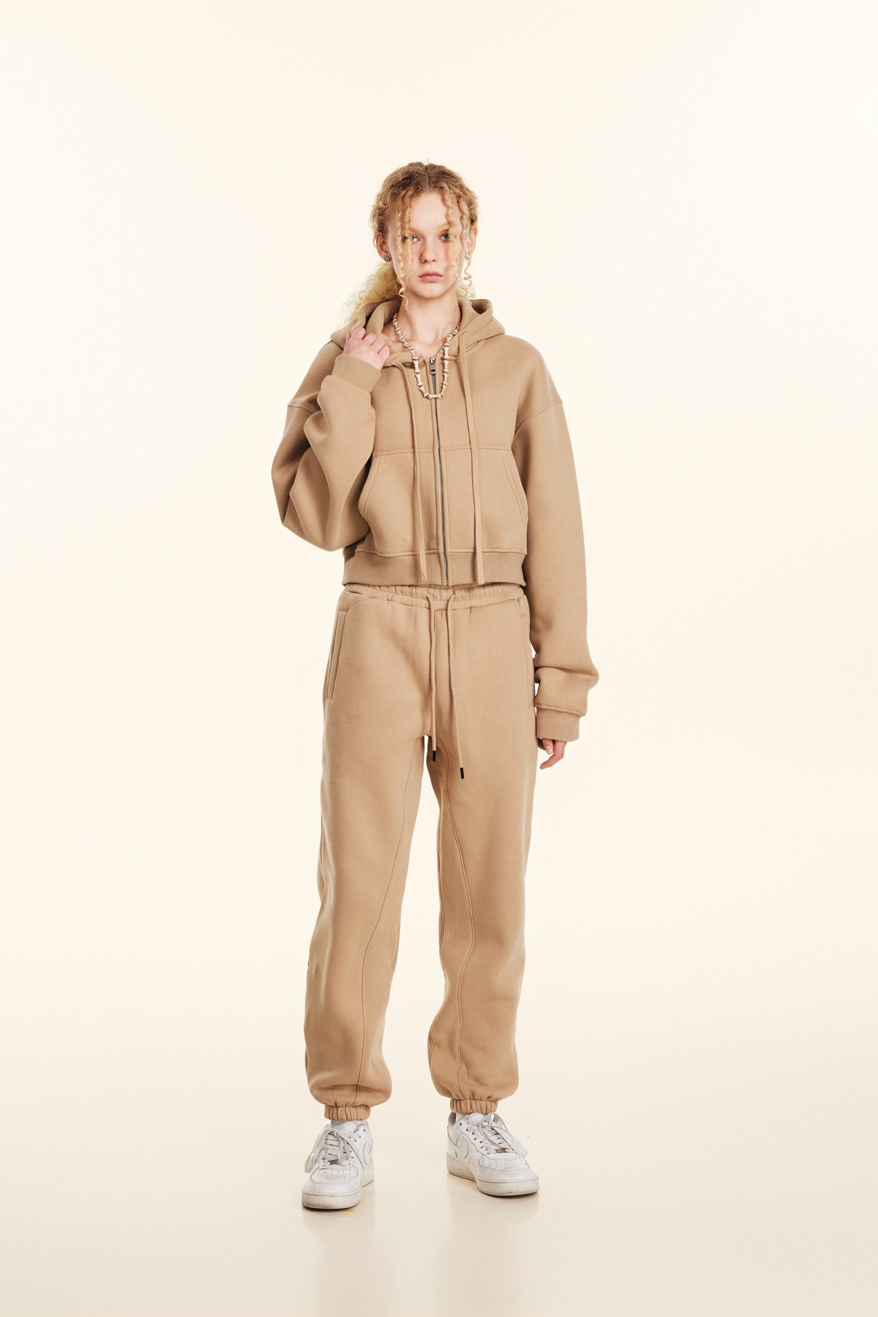 345GSM Women’s Cropped Fleece-Lined Zip-Up Hoodie Khaki