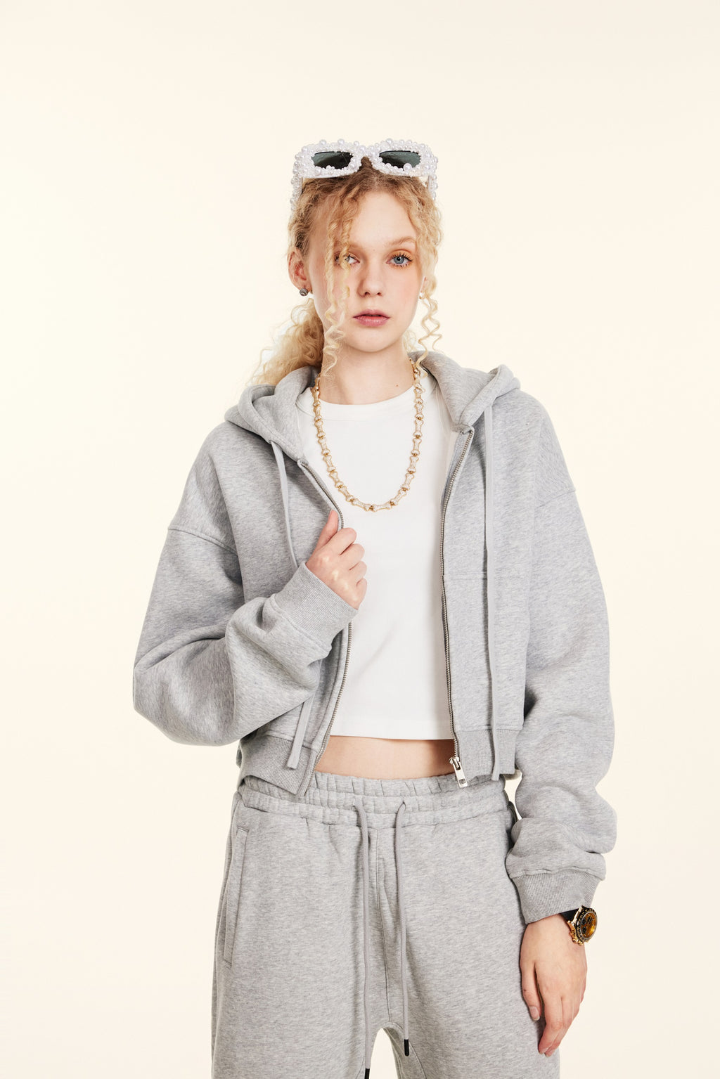 345GSM Women’s Cropped Fleece-Lined Zip-Up Hoodie Heather Gray