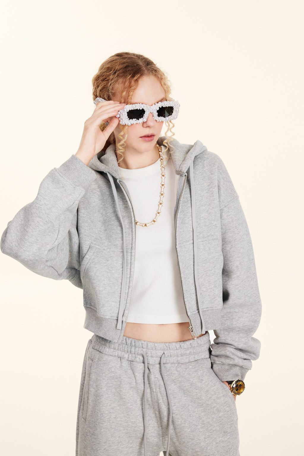 345GSM Women’s Cropped Fleece-Lined Zip-Up Hoodie Heather Gray
