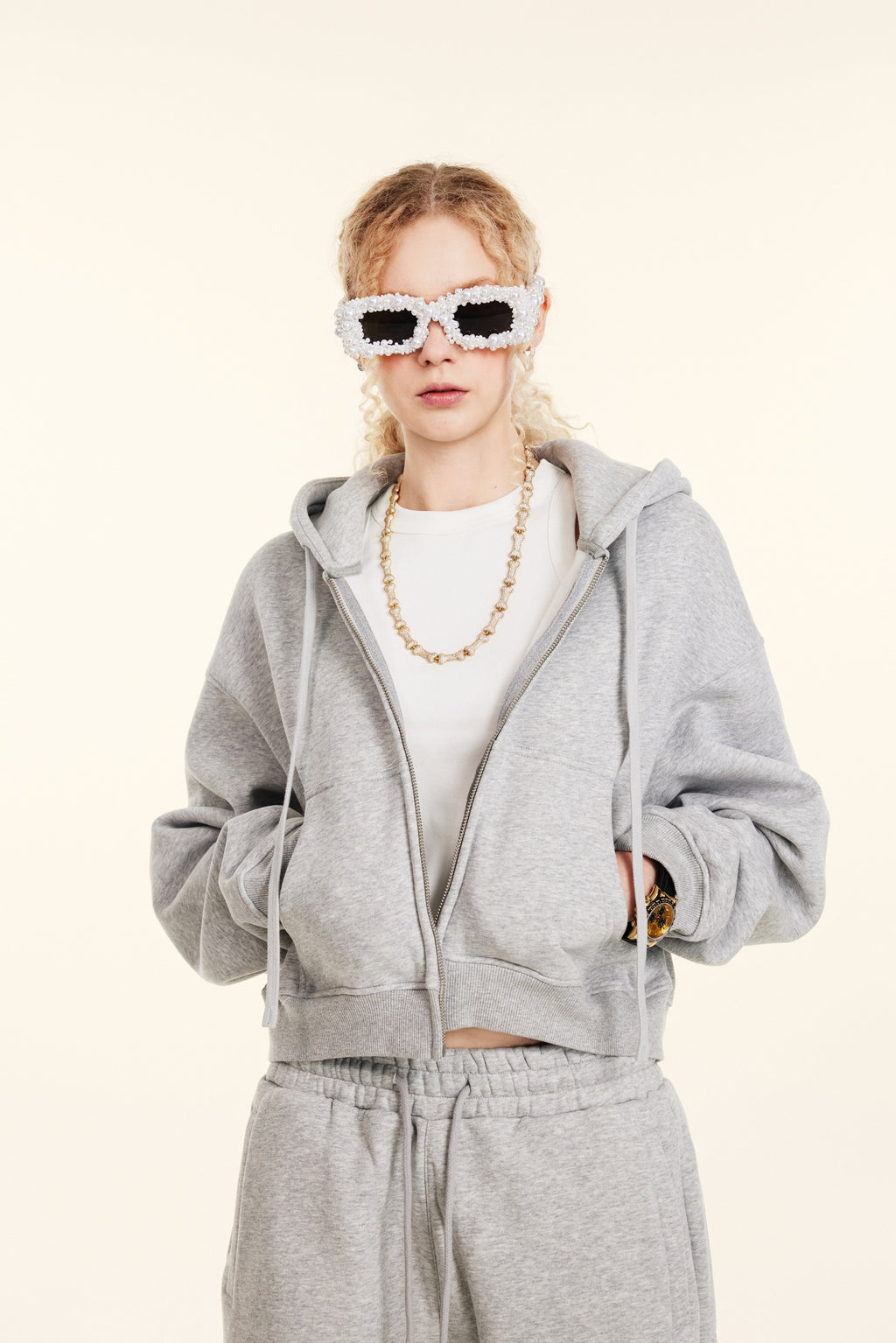 345GSM Women’s Cropped Fleece-Lined Zip-Up Hoodie Heather Gray