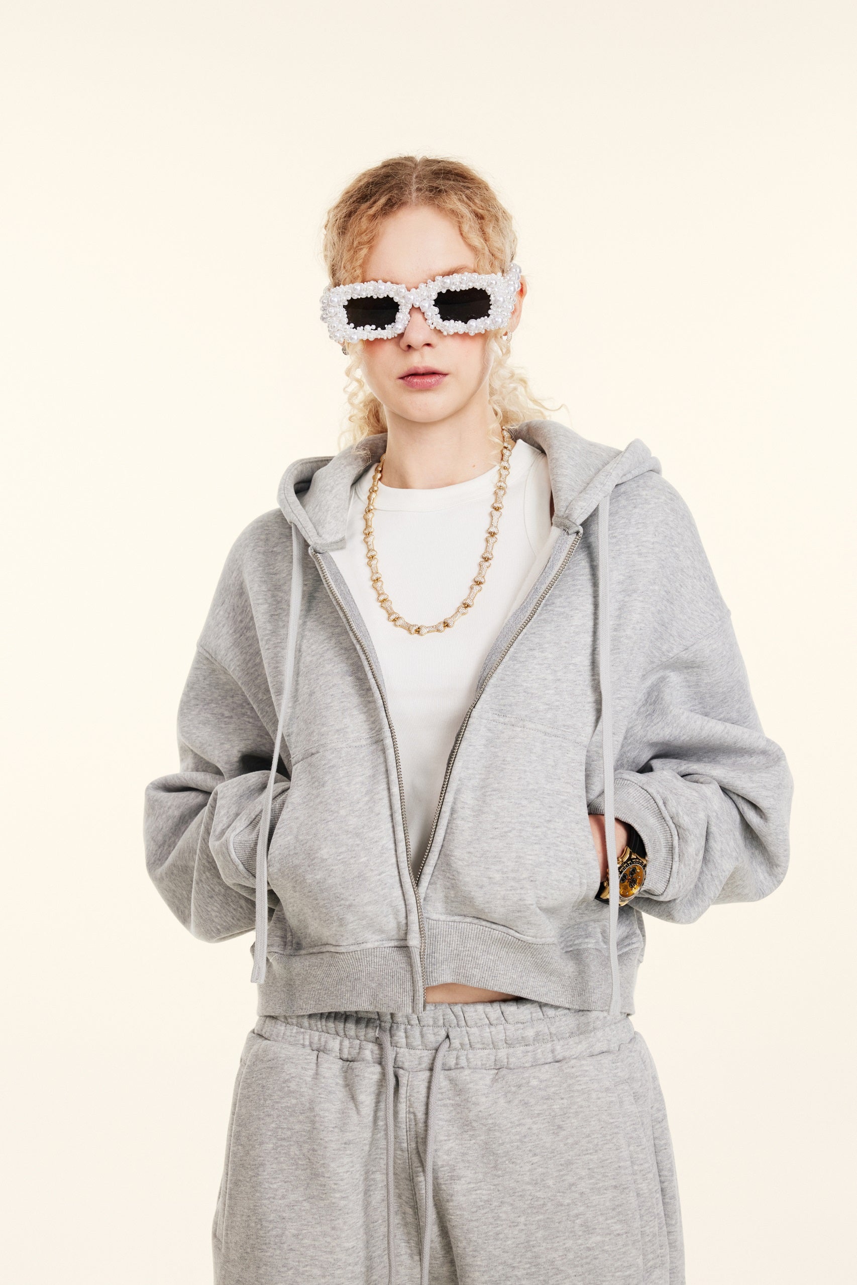 345GSM Women’s Cropped Fleece-Lined Zip-Up Hoodie Heather Gray