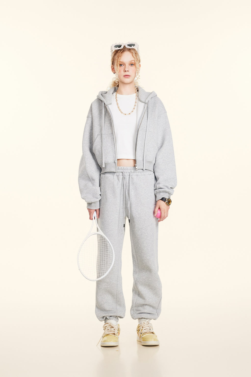 345GSM Women’s Cropped Fleece-Lined Zip-Up Hoodie Heather Gray