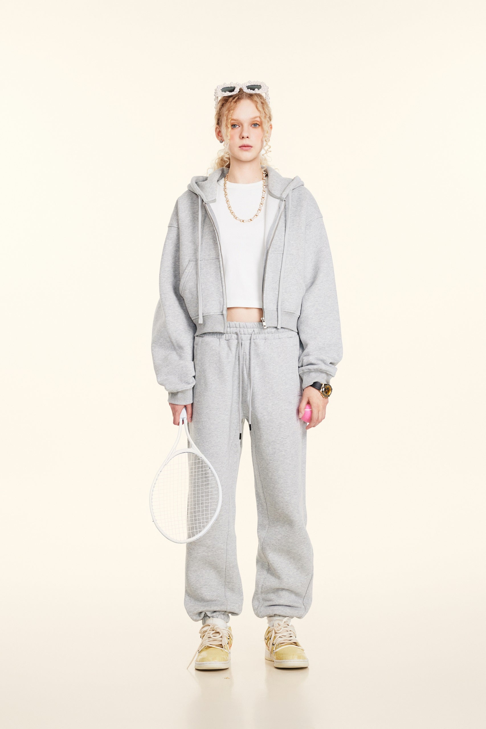 345GSM Women’s Cropped Fleece-Lined Zip-Up Hoodie Heather Gray