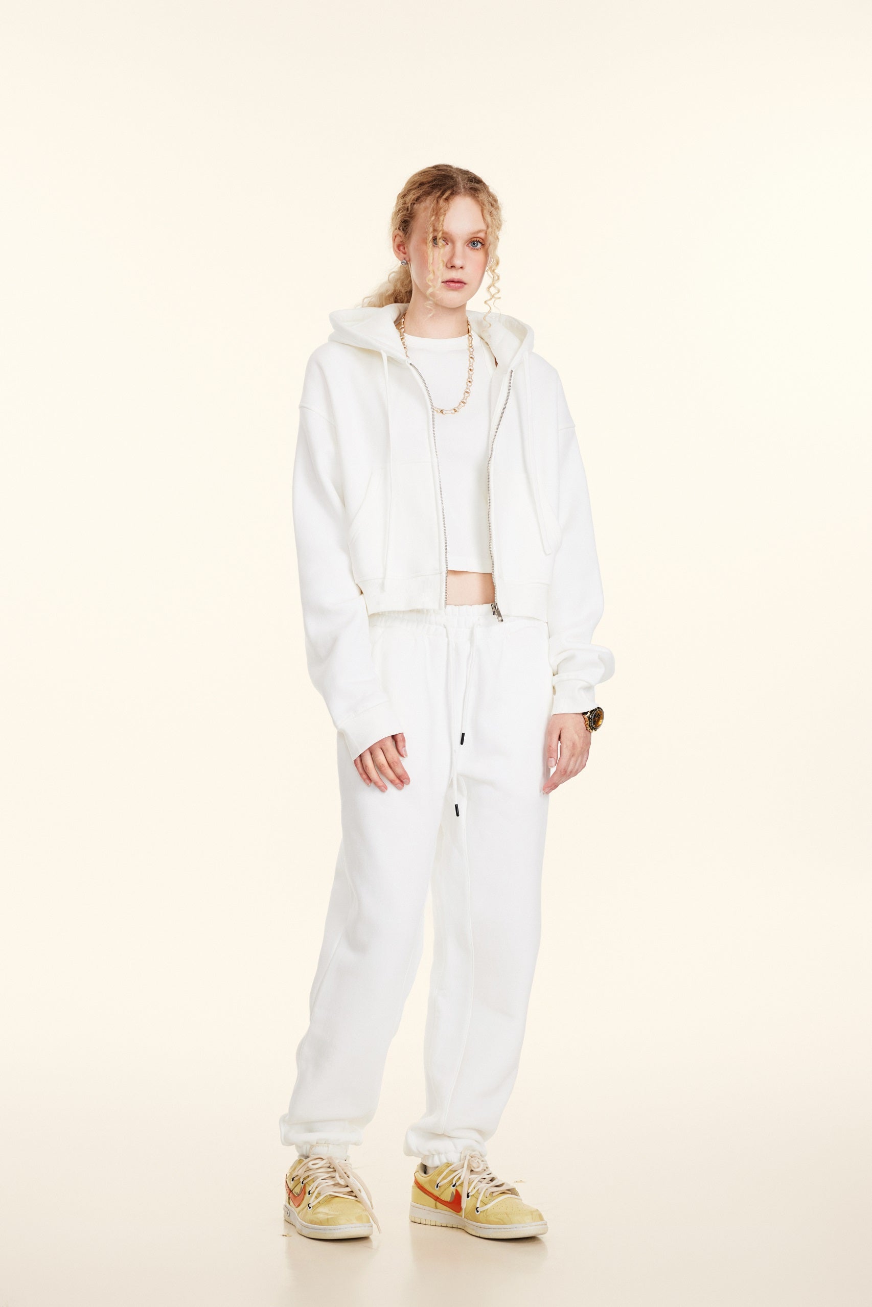 345GSM Women’s Cropped Fleece-Lined Zip-Up Hoodie White
