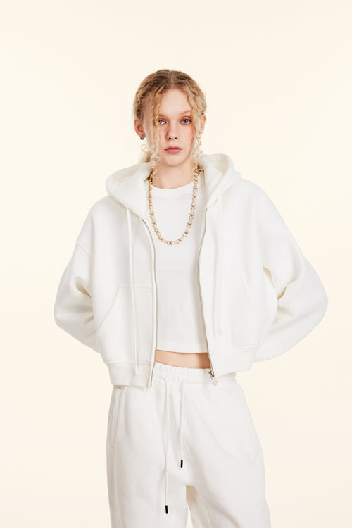 345GSM Women’s Cropped Fleece-Lined Zip-Up Hoodie White