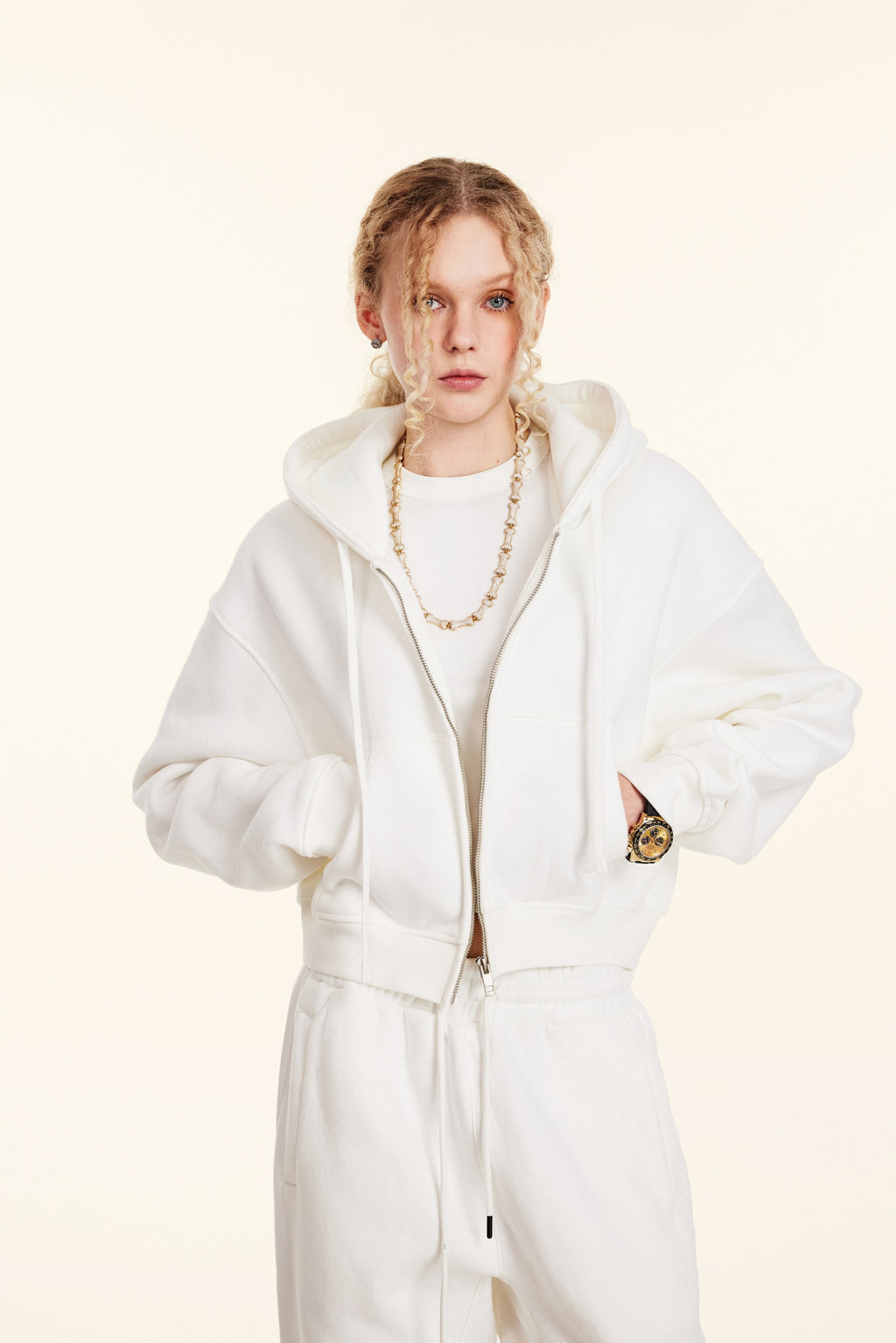 345GSM Women’s Cropped Fleece-Lined Zip-Up Hoodie White