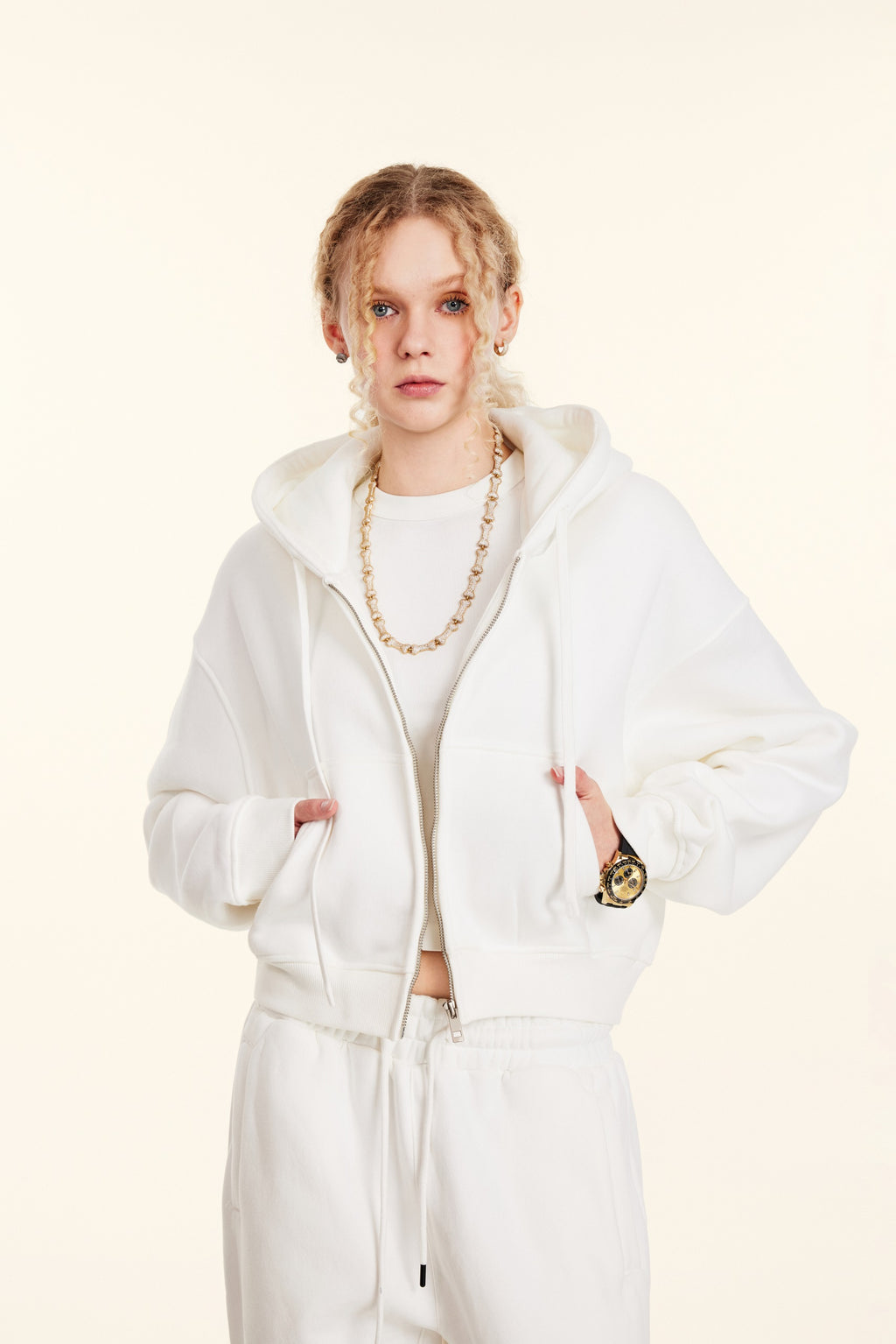 345GSM Women’s Cropped Fleece-Lined Zip-Up Hoodie White
