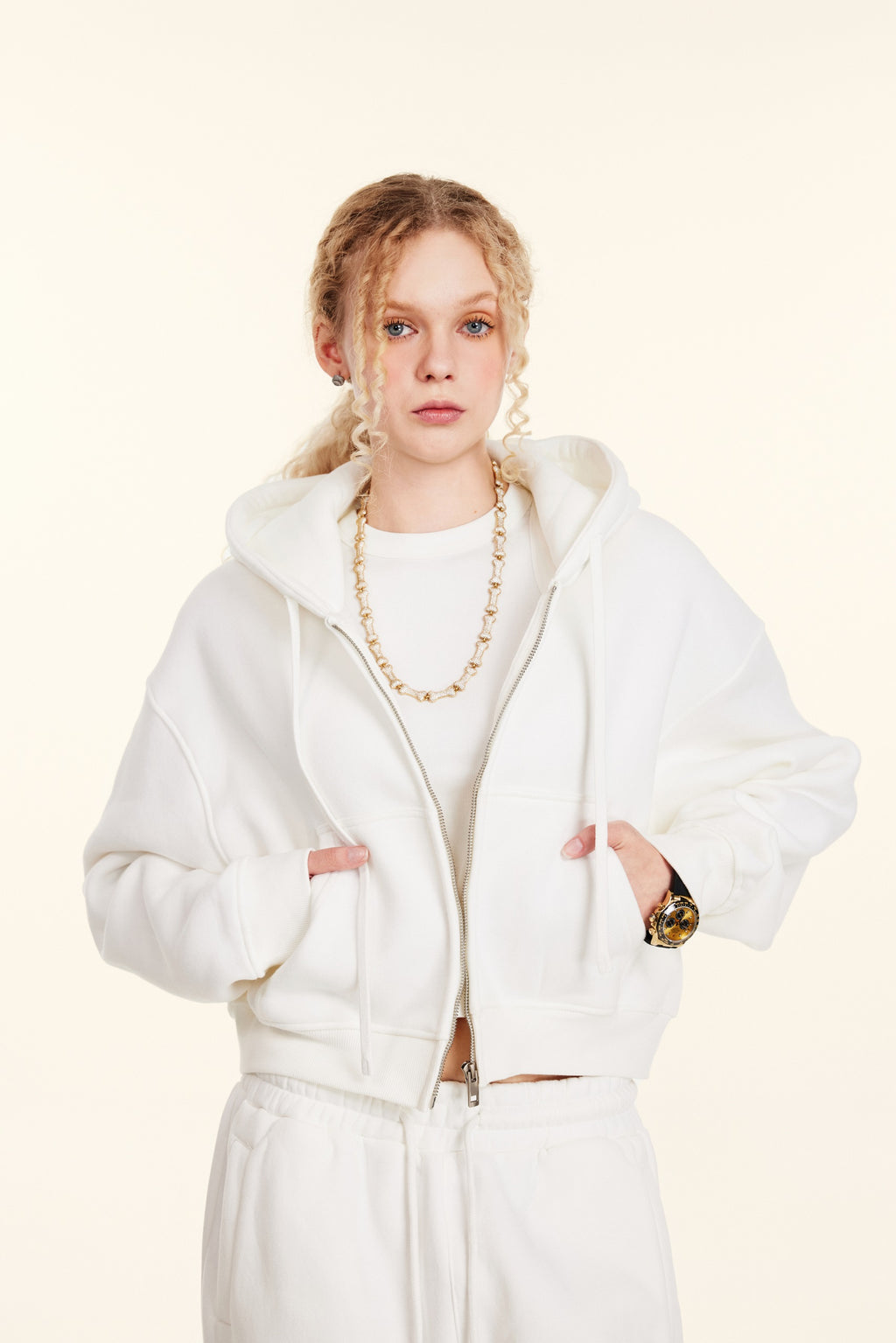 345GSM Women’s Cropped Fleece-Lined Zip-Up Hoodie White